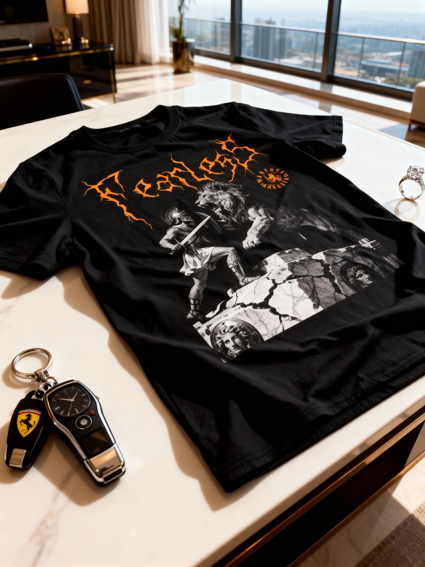 Fearless Spartan vs lion gym shirt flat lay on marble – men's warrior graphic tee, Bella+Canvas 3001. Warface Athletics.