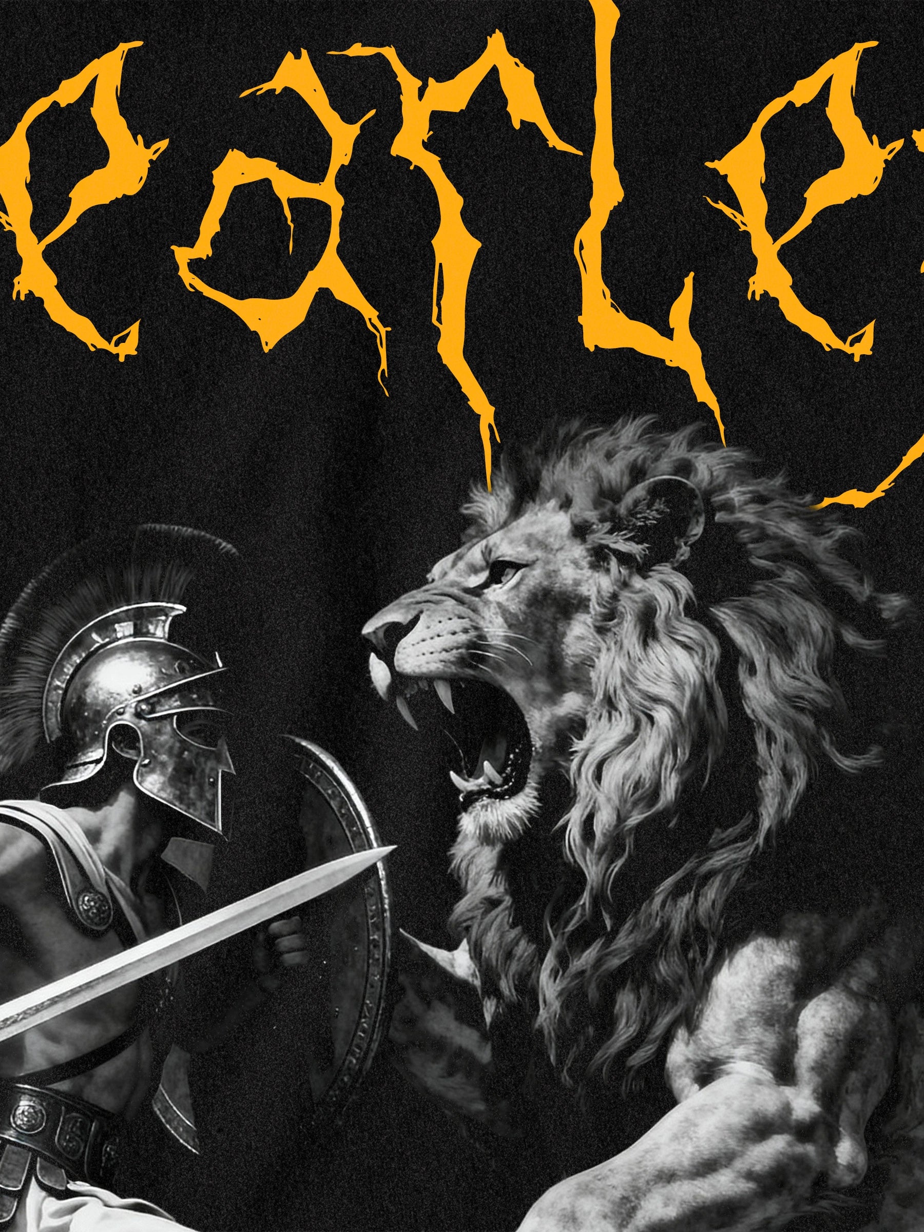 Men's Fearless Spartan vs lion gym shirt – streetwear model in warrior graphic tee, closeup. Warface Athletics.