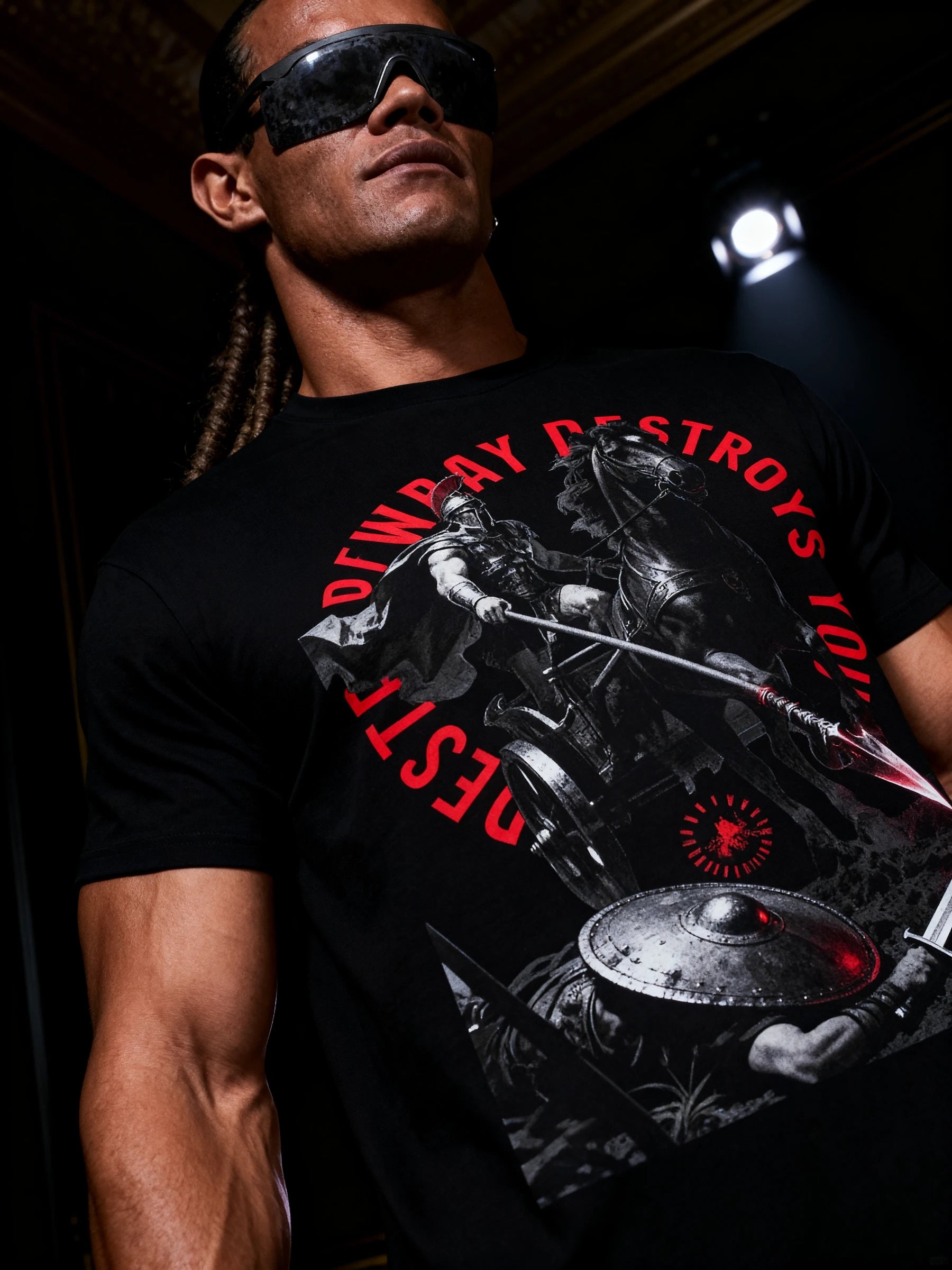 Men's Spartan graphic gym shirt – athlete wearing Destroy What Destroys You heavyweight tee, red arched text.