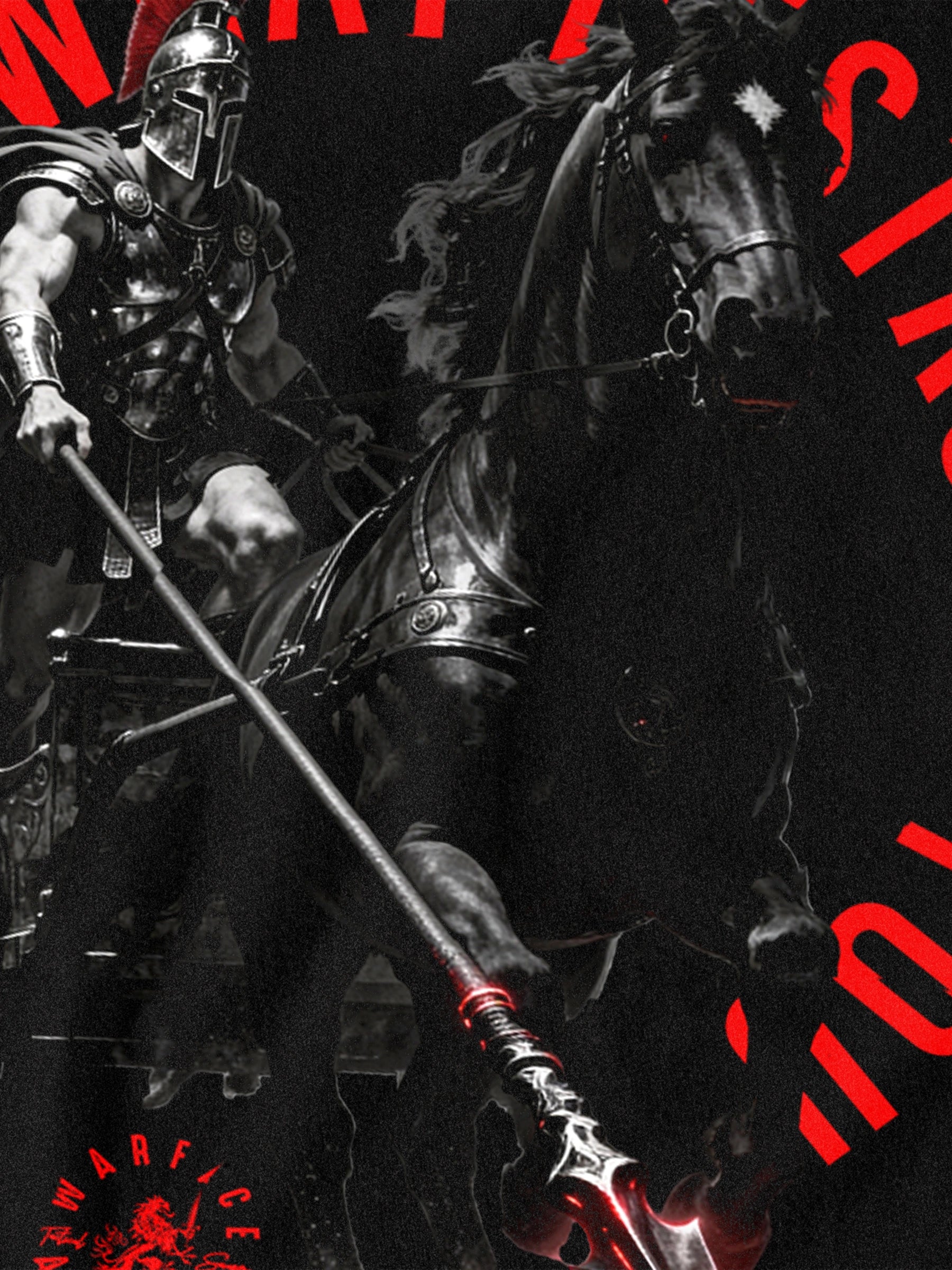 Spartan war horse heavyweight graphic tee – armored Spartan warrior on rearing horse, men's gym shirt. Warface Athletics.