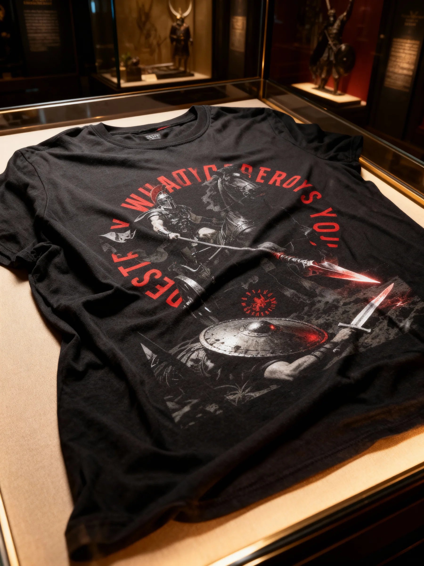 Spartan war horse graphic tee front view – men's heavyweight gym shirt, Destroy What Destroys You stoic quote.