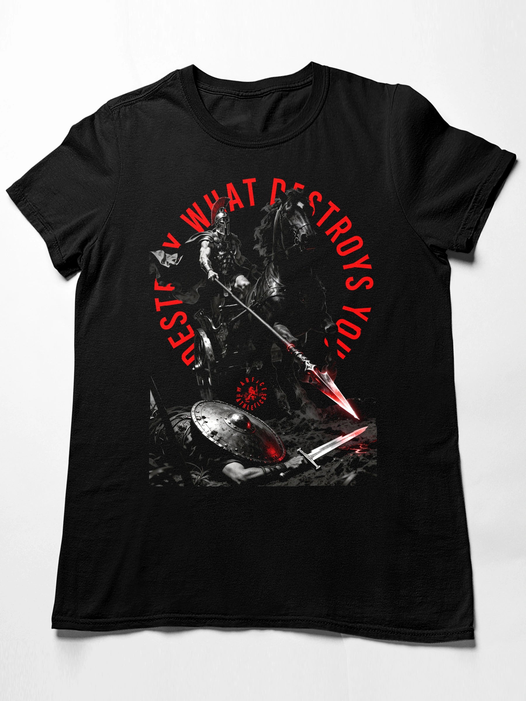 Spartan war horse graphic tee front flat lay – men's black heavyweight gym shirt, Comfort Colors 1717. Warface Athletics.