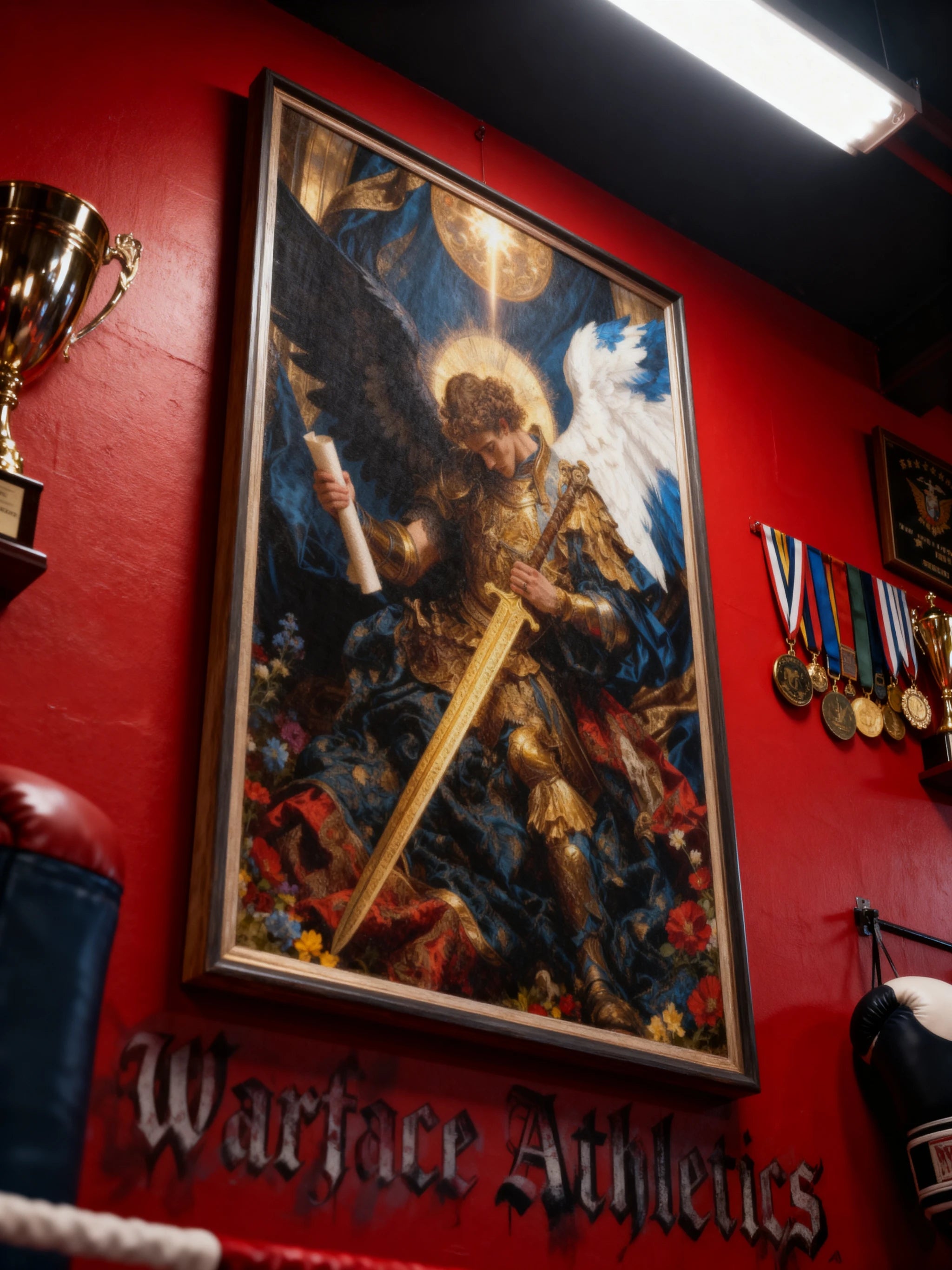 St. Michael Archangel canvas art on red Warface Athletics display – baroque golden armor warrior, catholic home decor.