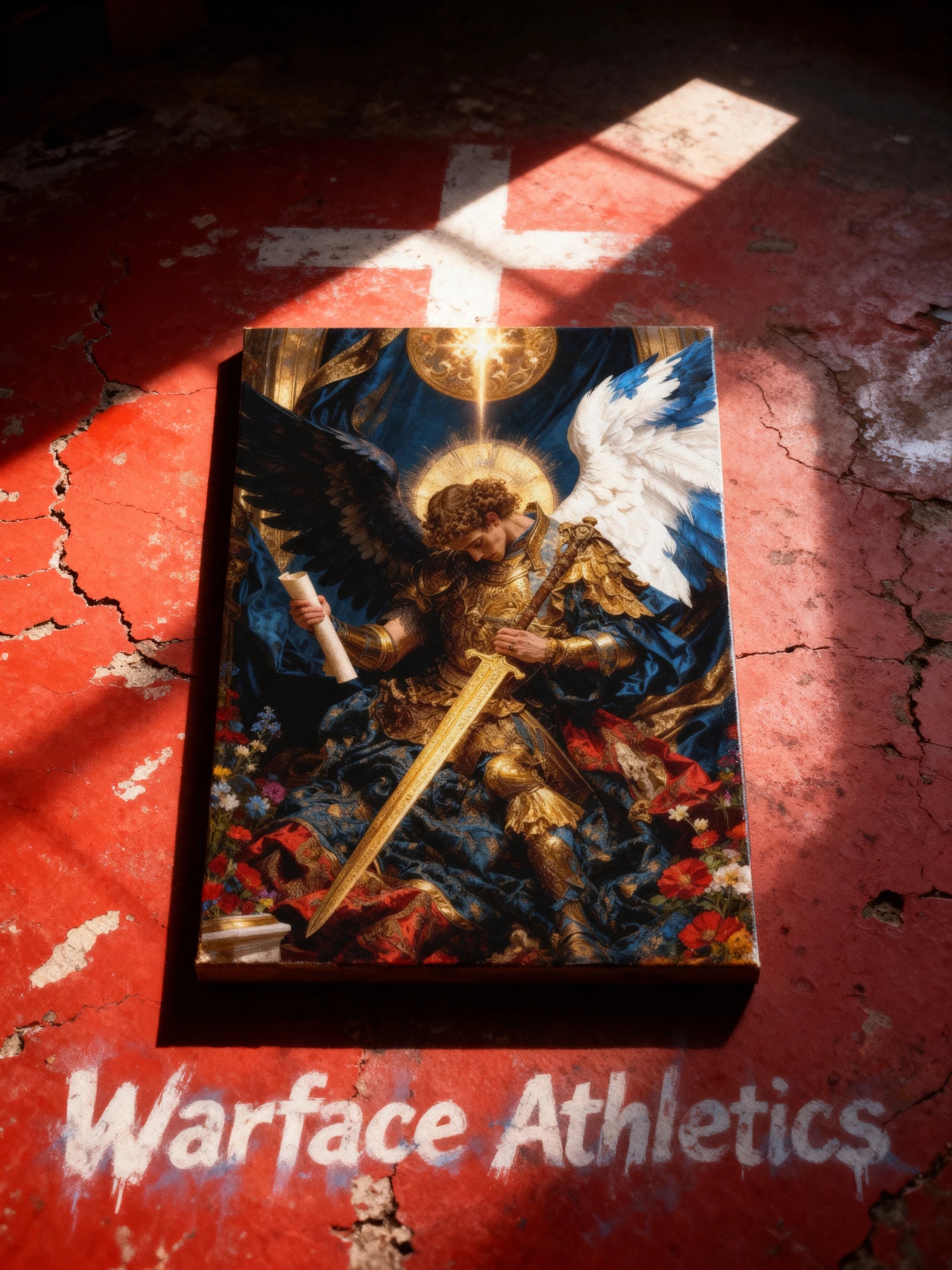 St. Michael Archangel canvas art in dark gallery – golden armor archangel warrior print, home gym wall decor.