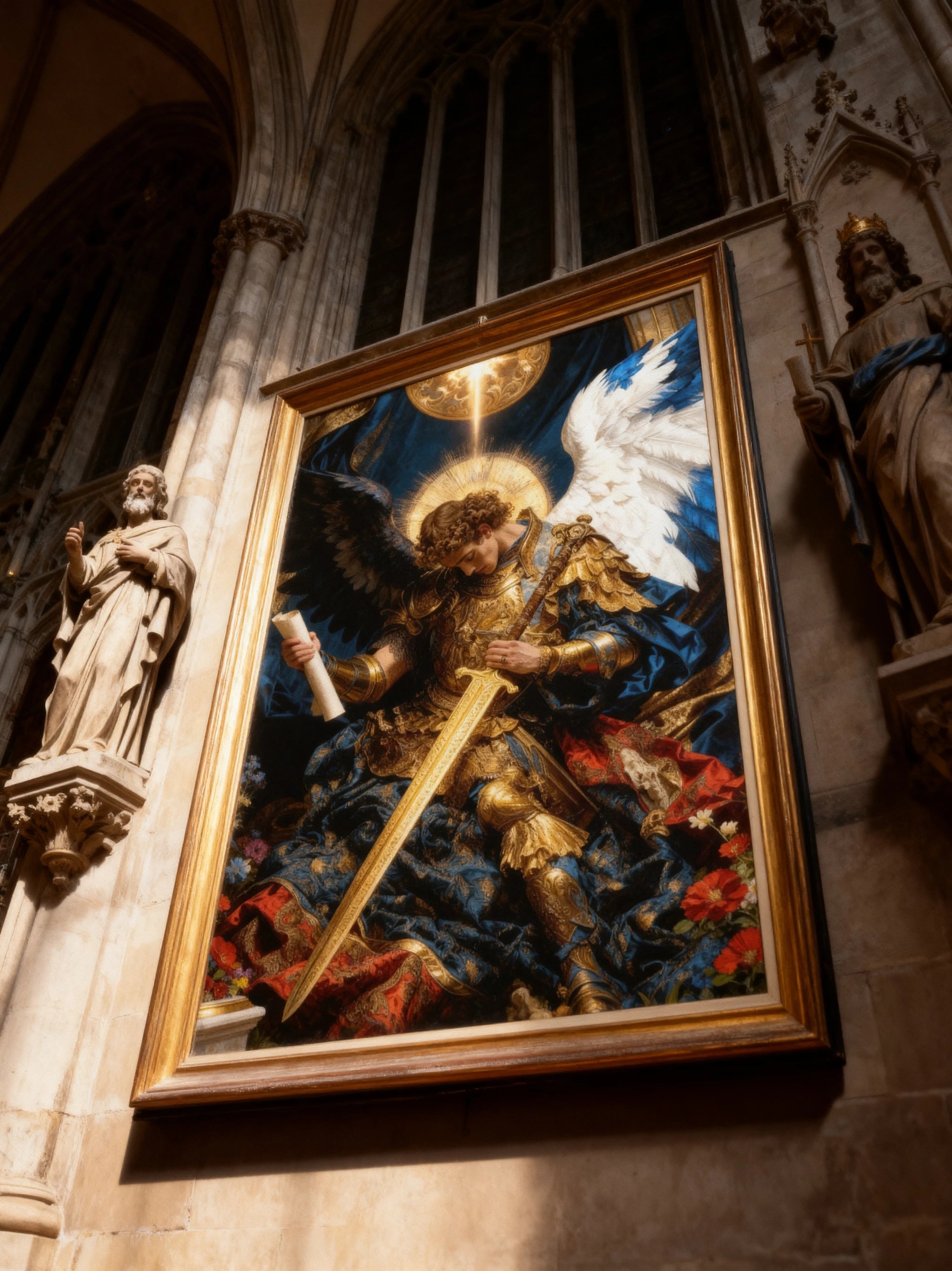 St. Michael Archangel canvas art angled in cathedral – golden armor warrior print, home gym christian wall decor.