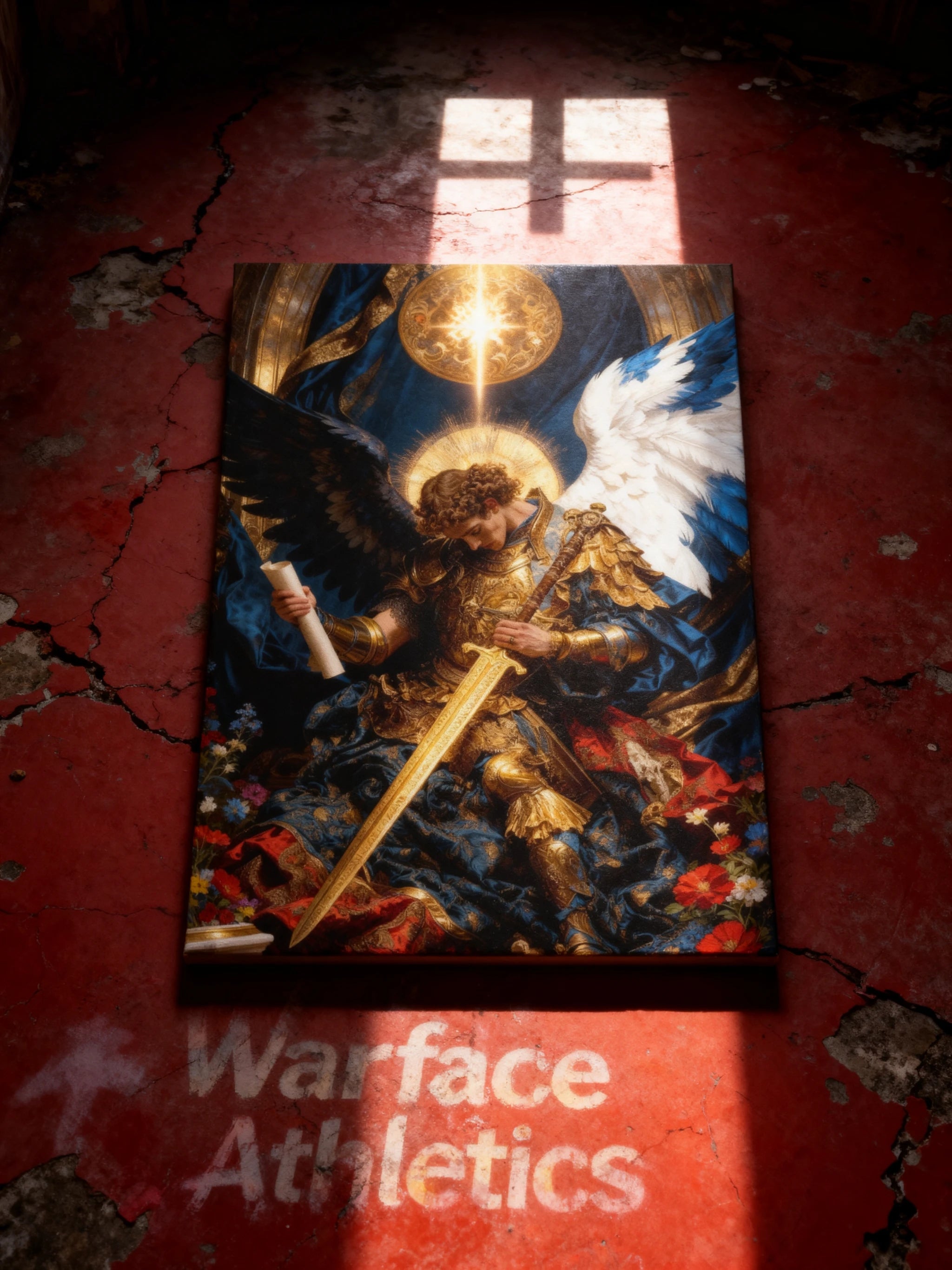 St. Michael Archangel canvas art angled flat mockup – golden armor archangel print, ready to hang. Warface Athletics.
