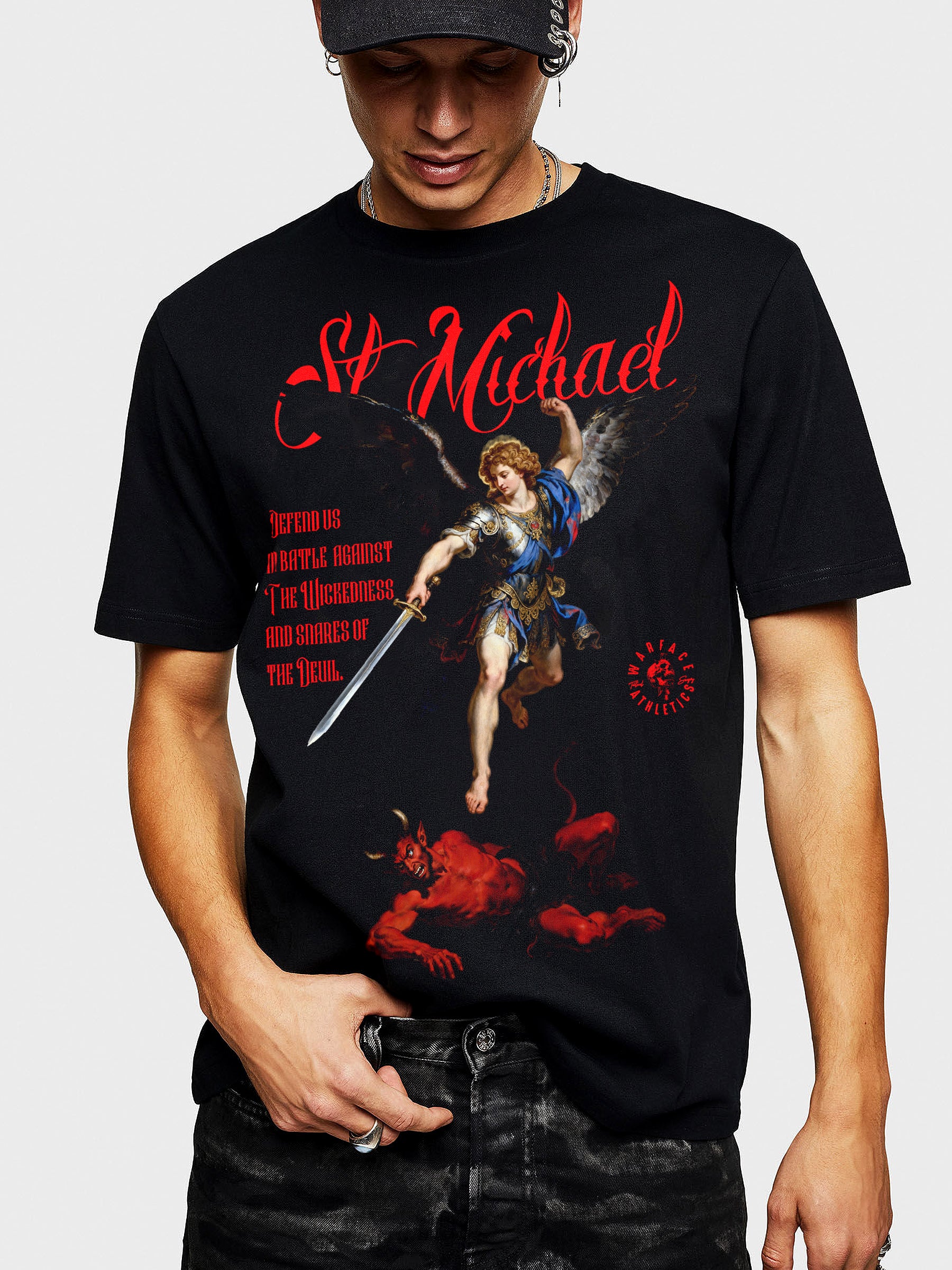 Saint Michael and Lucifer Graphic Tee — Men's St. Michael Shirt with Christian Motivational Quote by Warface Athletics