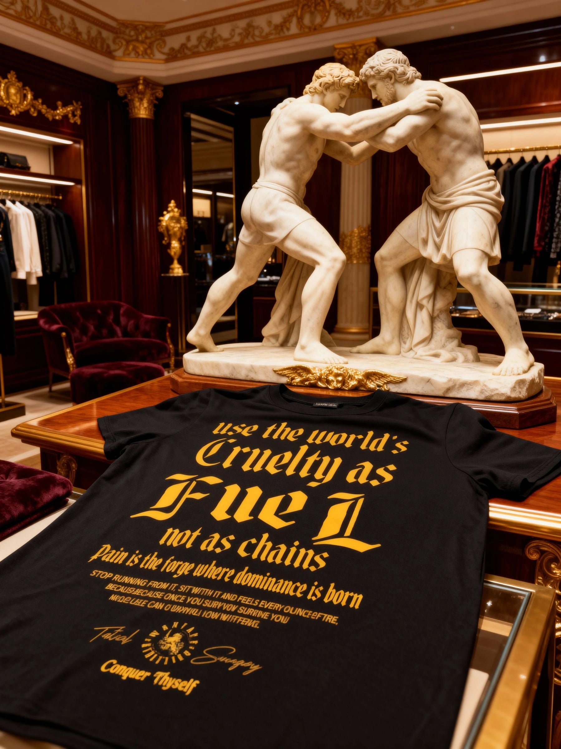 Cruelty as Fuel Tee Lifestyle — Men's Black Stoic Warrior Shirt with Roman Sculpture Background by Warface Athletics