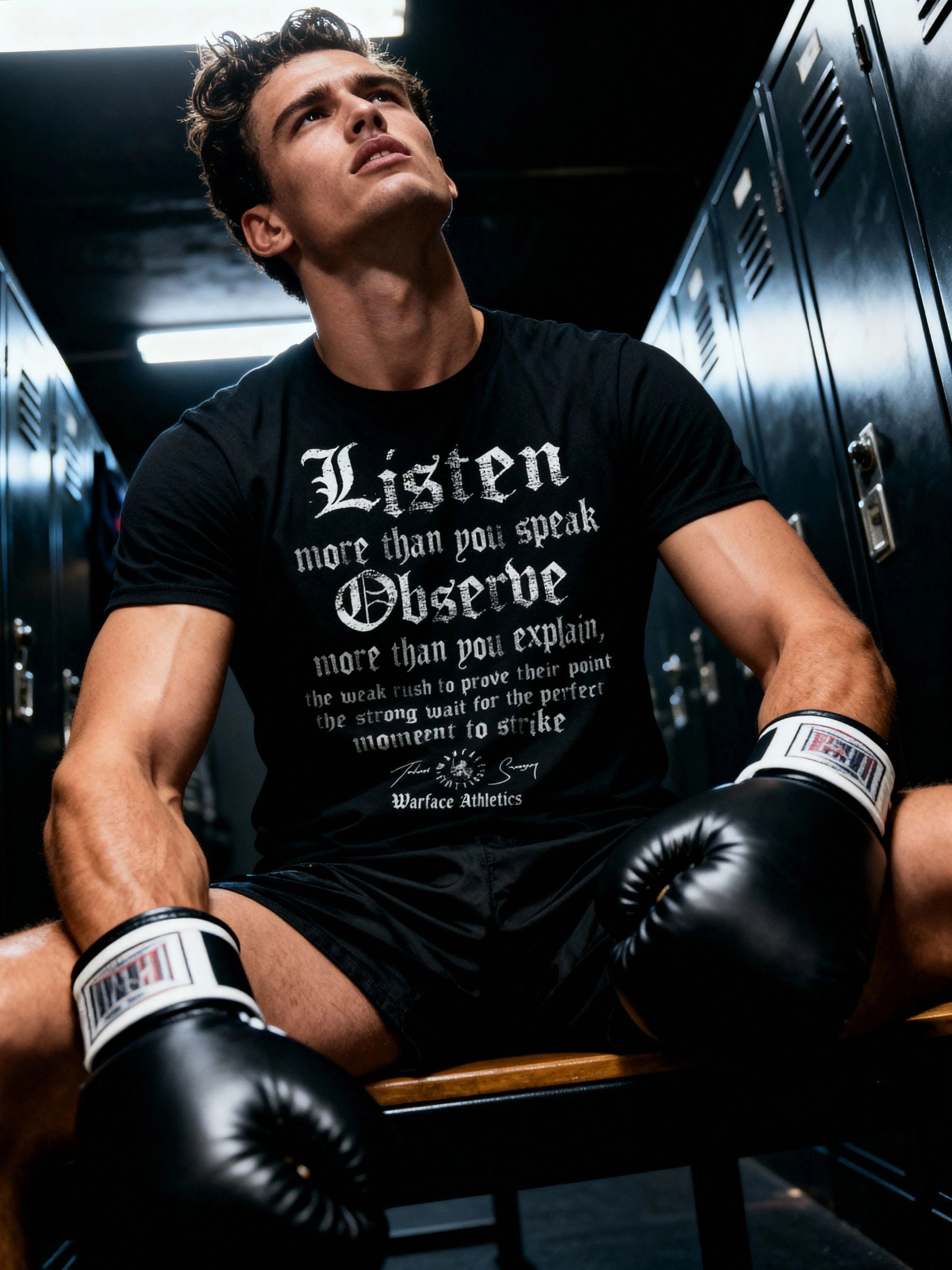 Listen Observe Graphic Tee Lifestyle — Men's Stoic Quote Gym Shirt with Boxing Gloves by Warface Athletics