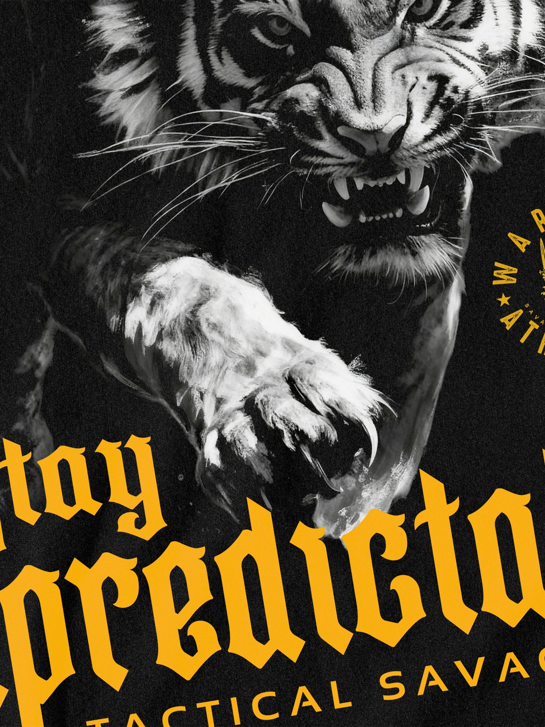 Stay Unpredictable tiger graphic hoodie close-up – Savage Mindset Tactical Savagery yellow gothic text detail. Warface Athletics.