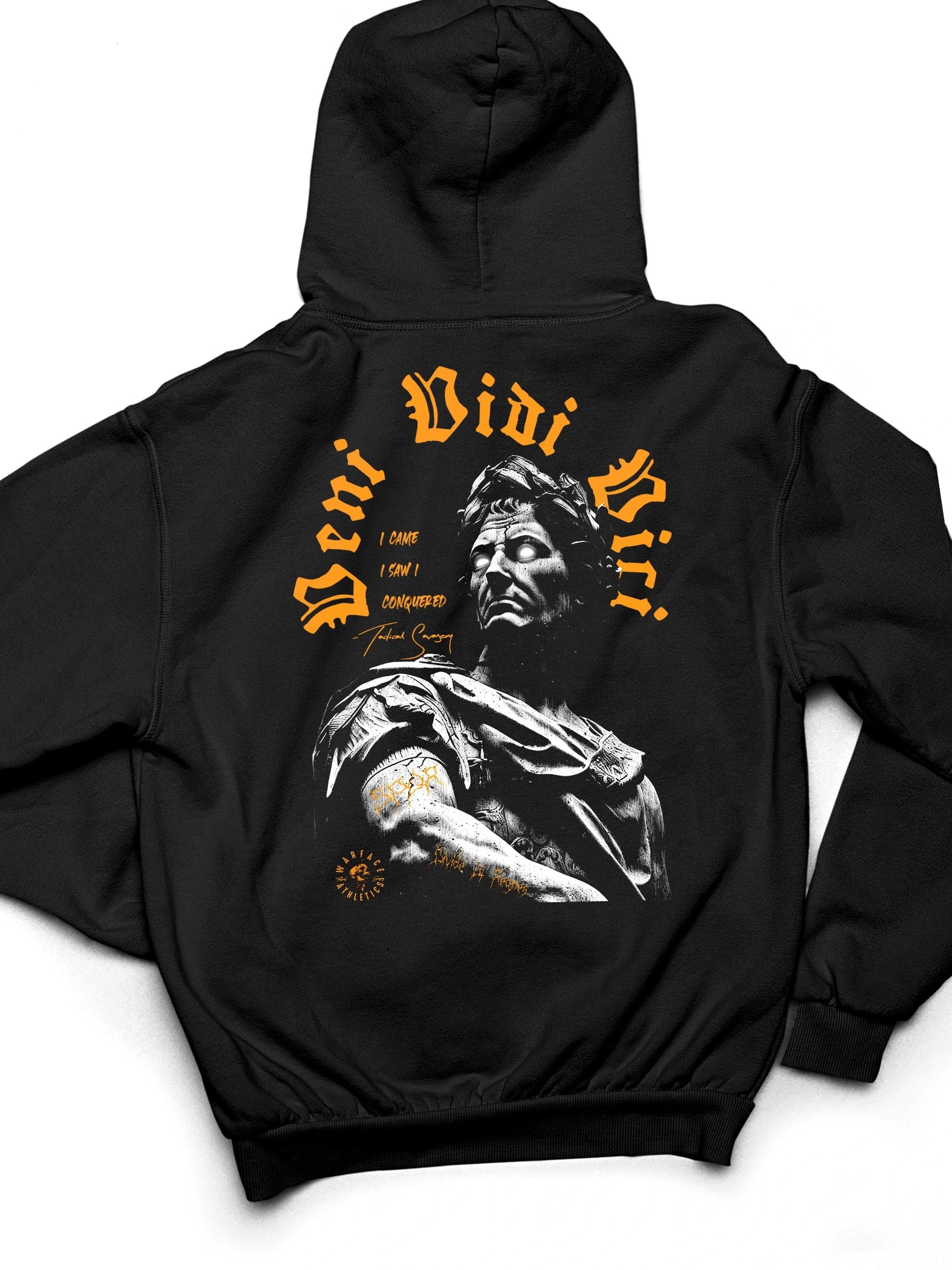 Veni Vidi Vici gym hoodie flat lay – men's black Julius Caesar roman emperor graphic hoodie, Gildan 18500. Warface Athletics.