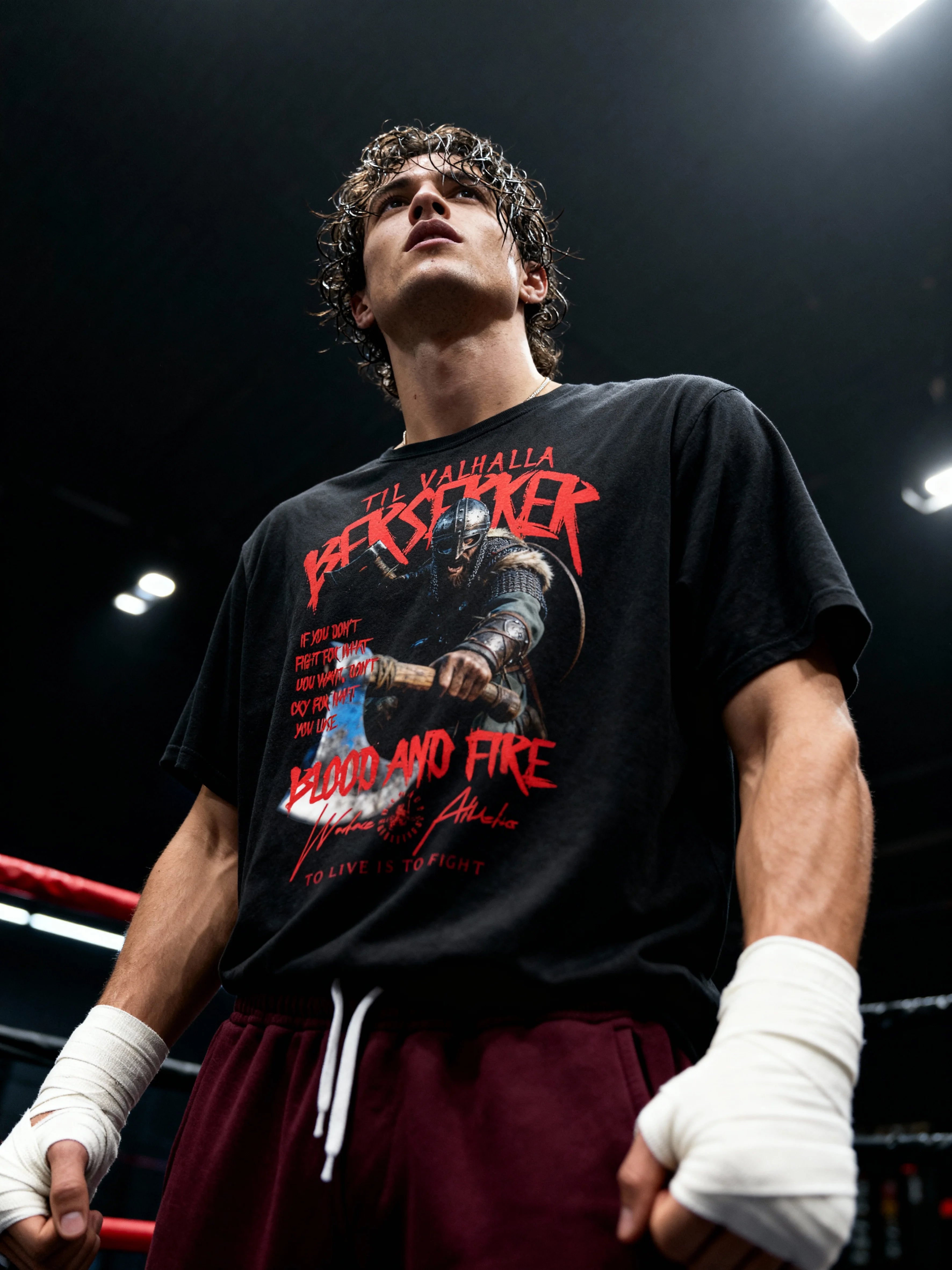Mens graphic t shirts – athlete in Viking Berserker Blood Price gym tee in boxing ring – Warface Athletics