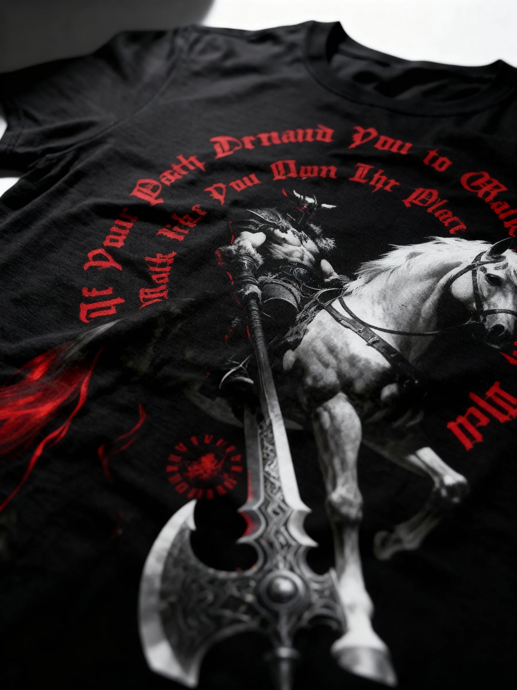 Walk Like You Own The Place viking heavyweight gym shirt – armored viking on warhorse battle axe, men's graphic tee.