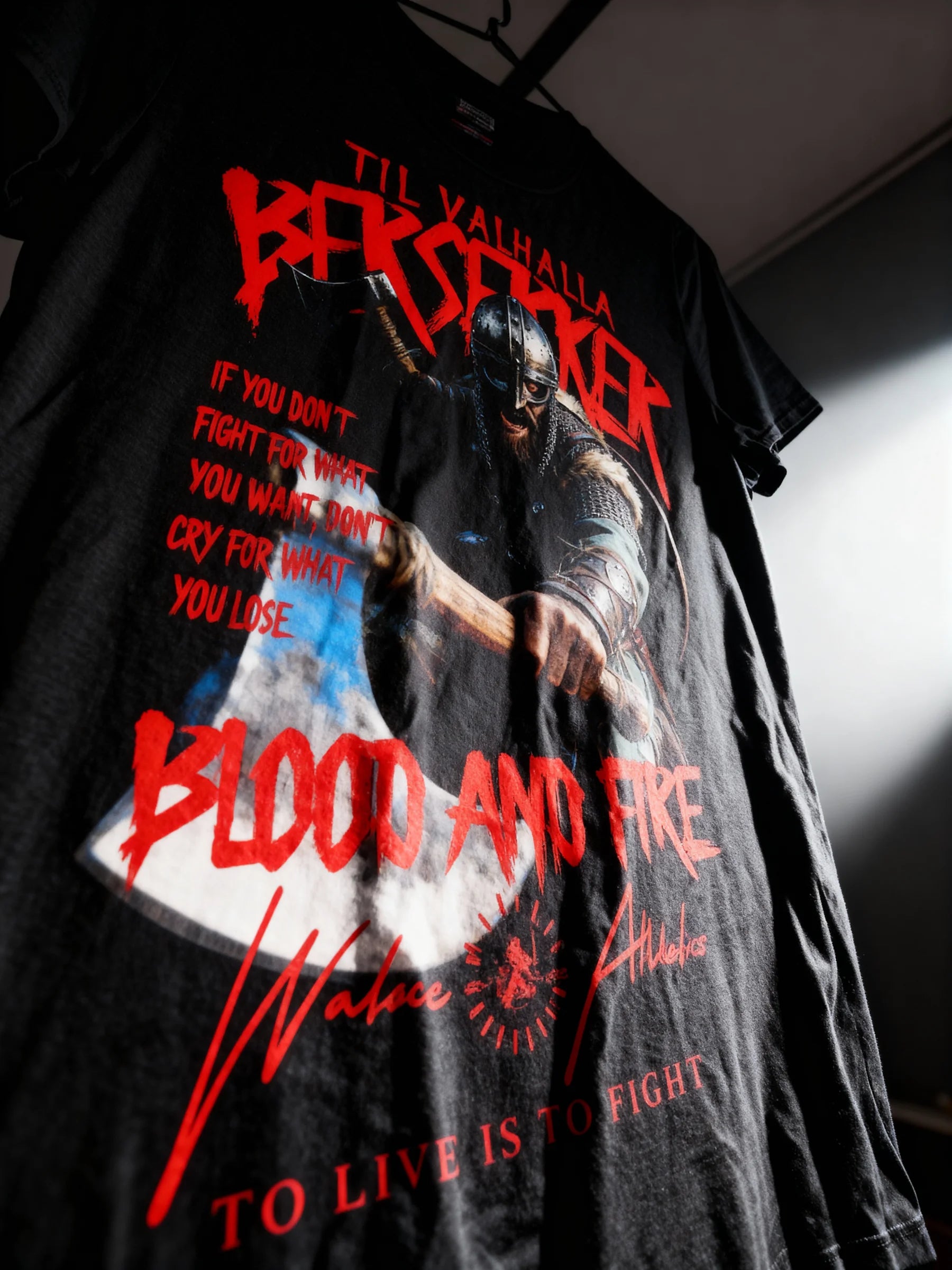 Graphics on t shirts – Til Valhalla Viking Berserker heavyweight tee front print dark red background – Warface Athletics