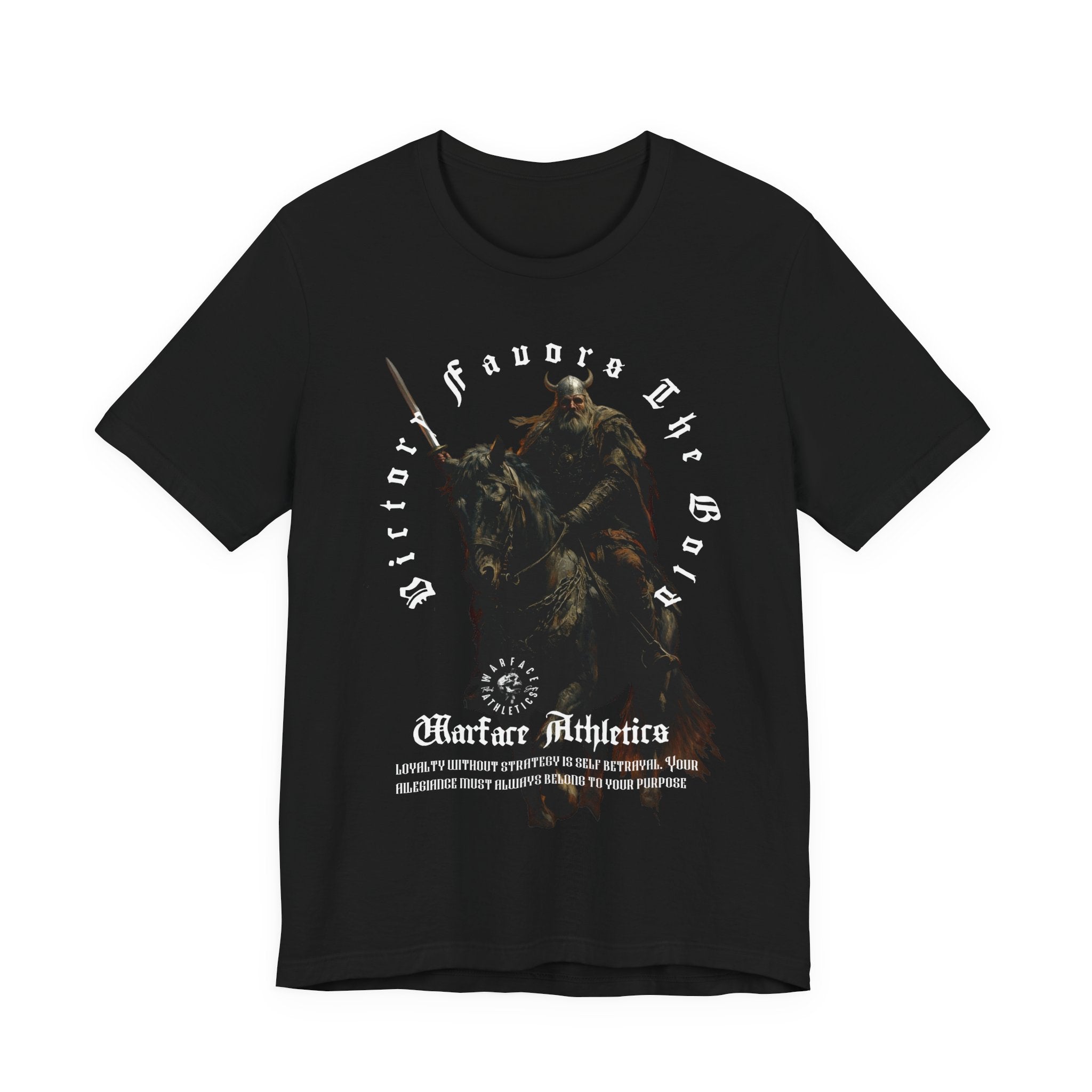 Victory Favors The Bold viking warlord gym shirt front flat lay – men's black Norse warrior graphic tee, Bella+Canvas 3001.