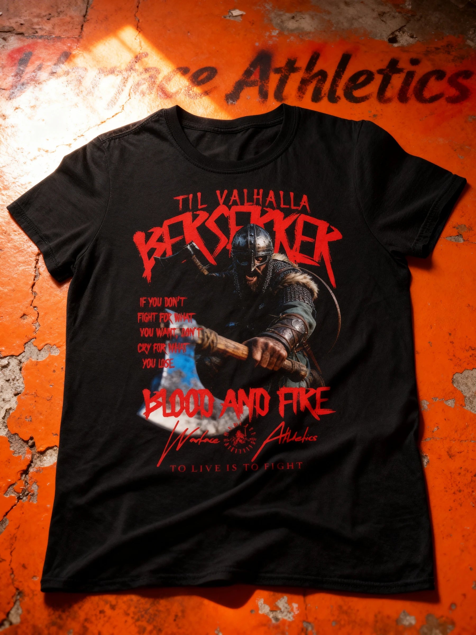 Viking Til Valhalla Graphic Tee Close-Up — Men's Berserker T-Shirt with Stoic Motivational Quote by Warface Athletics