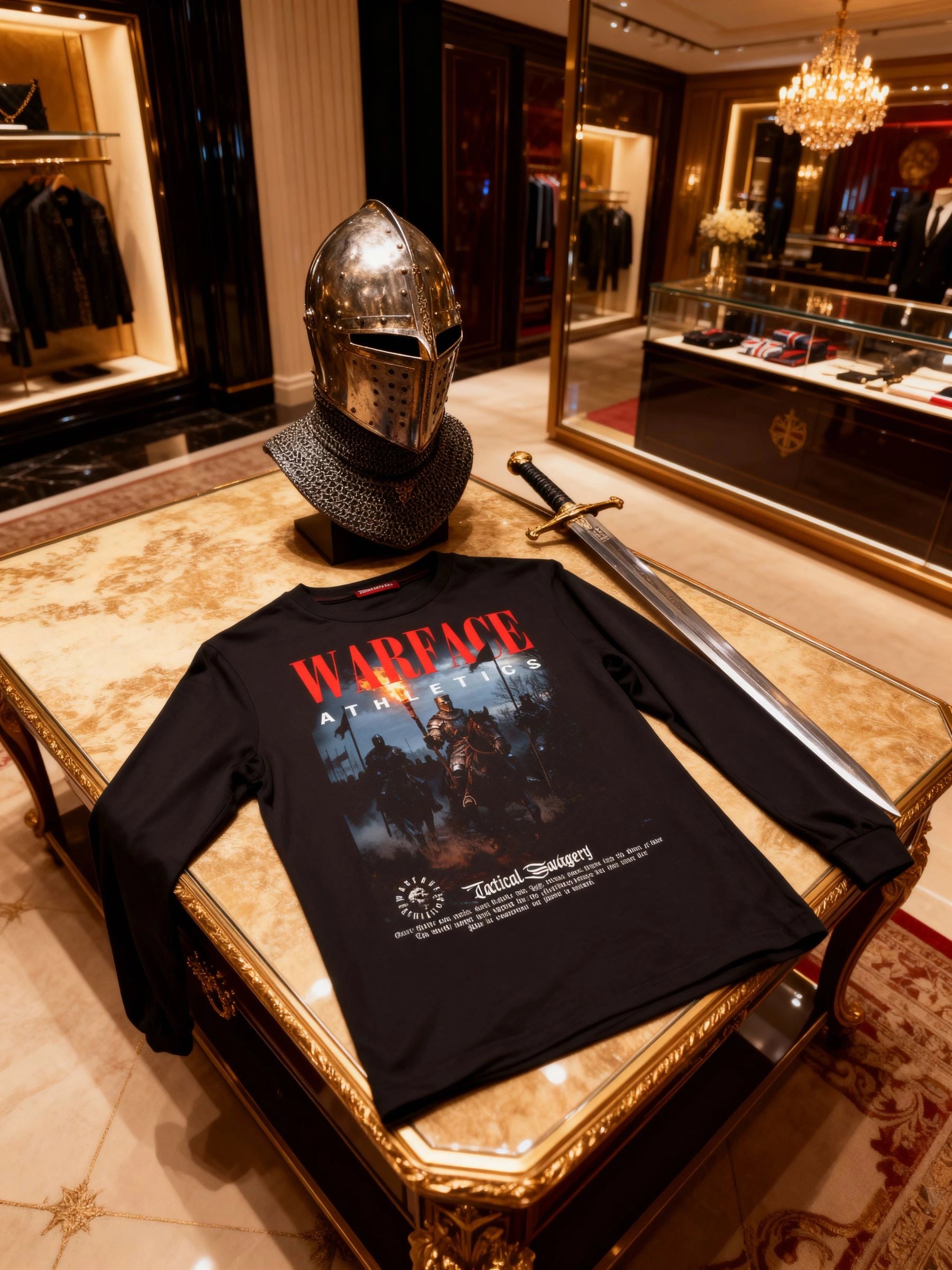 Medieval knight long sleeve gym shirt flat lay – men's black british knight graphic tee, Comfort Colors 6014. Warface Athletics.