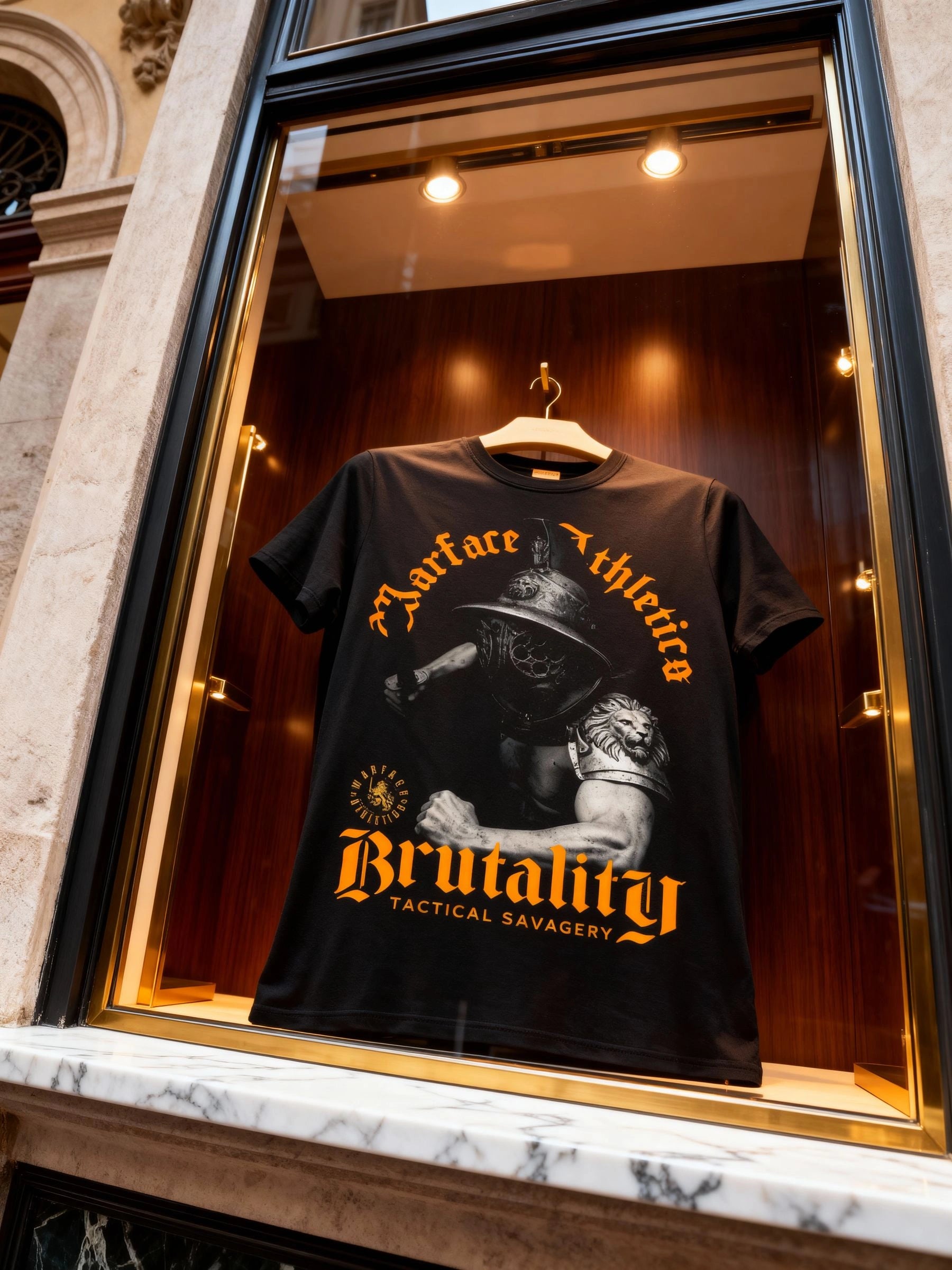 Brutality Gladiator Tee Display — Men's Stoic Mindset Shirt with Roman Gladiator Warrior Print by Warface Athletics