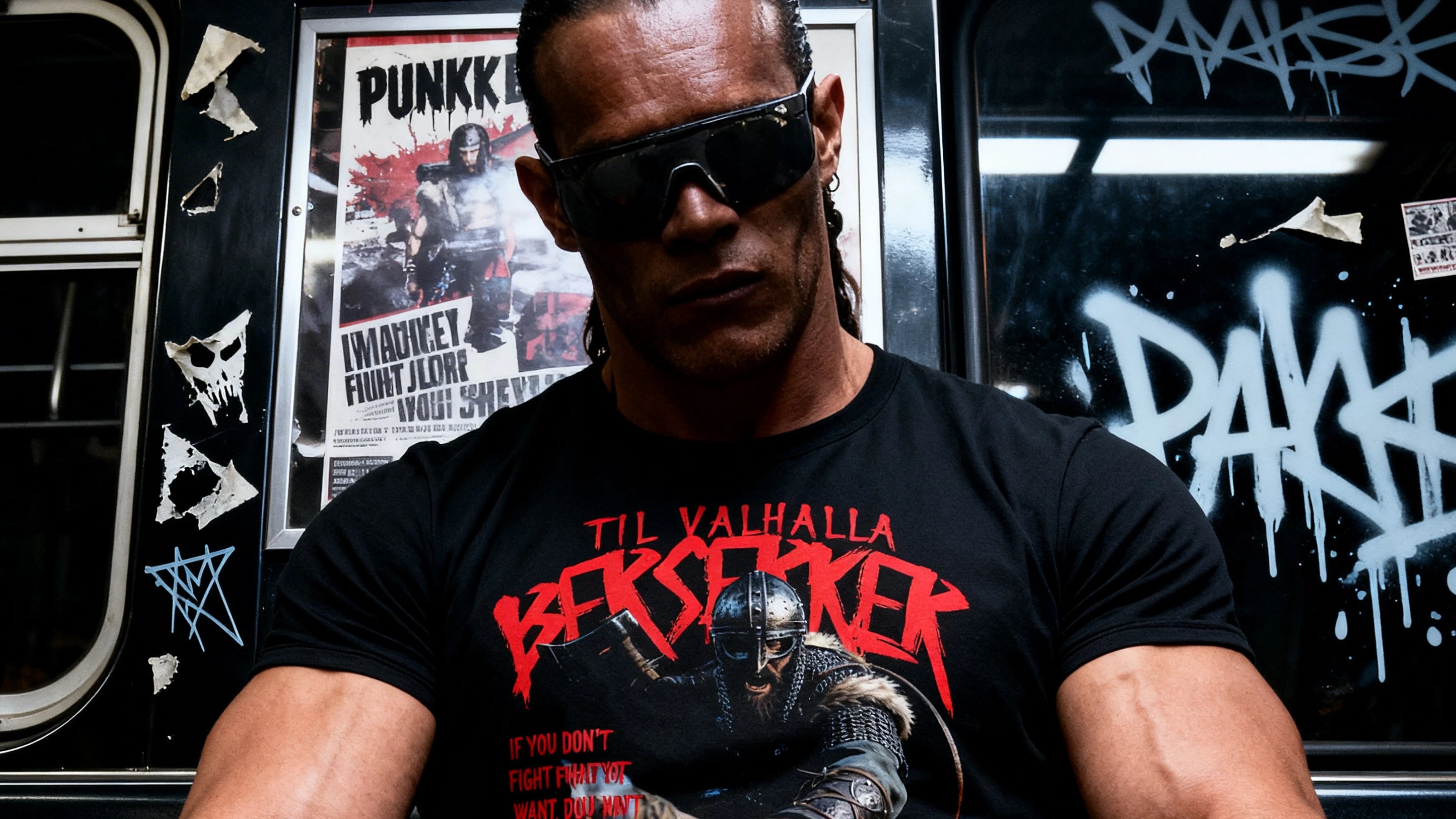 Athleisure fitness athlete wearing a black t-shirt with Viking graphics and red Celtic text in front of a graffiti-covered wall.