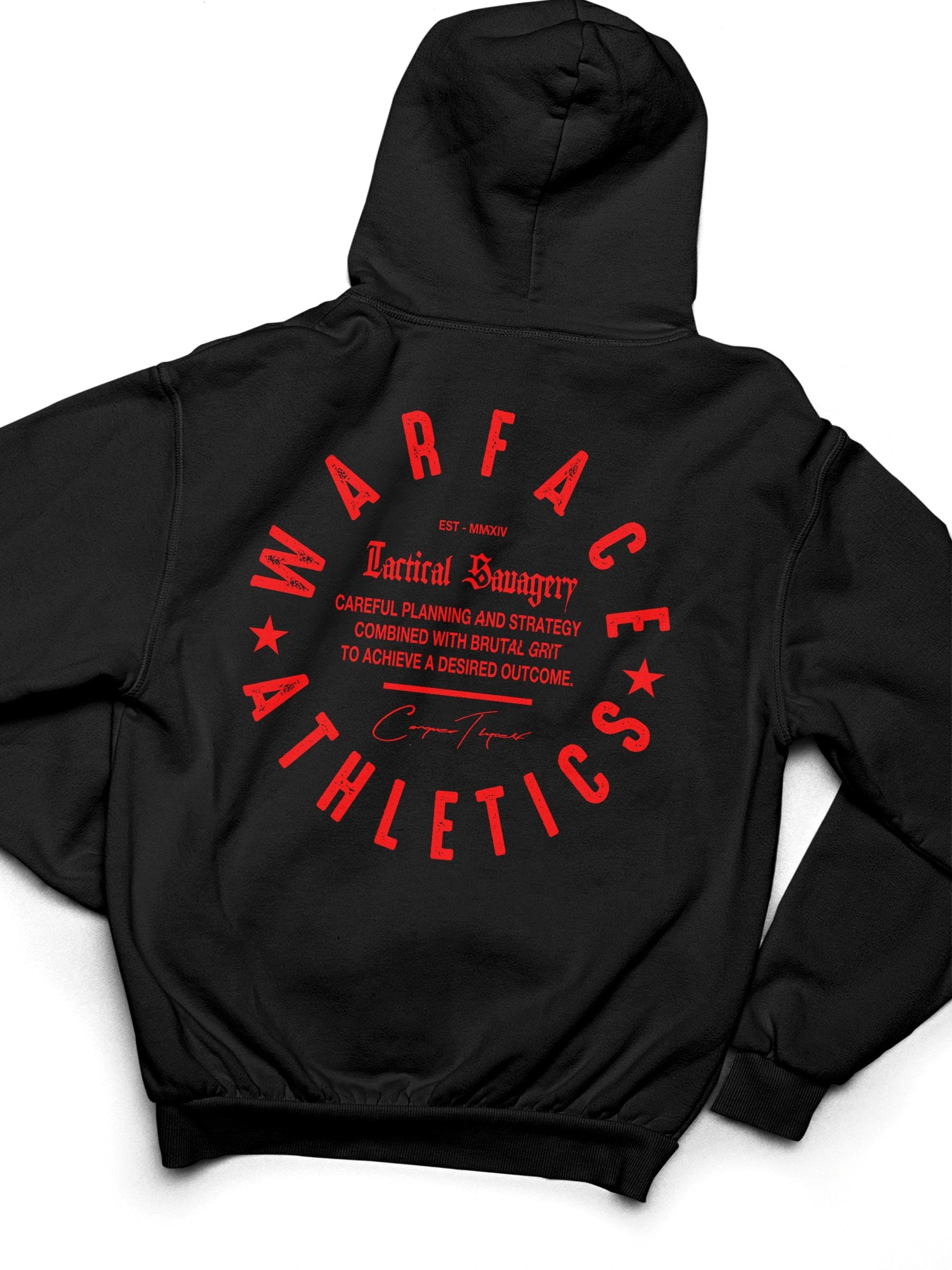 Black Athleisure hoodie with red 'Warface Athletics' text on a white background