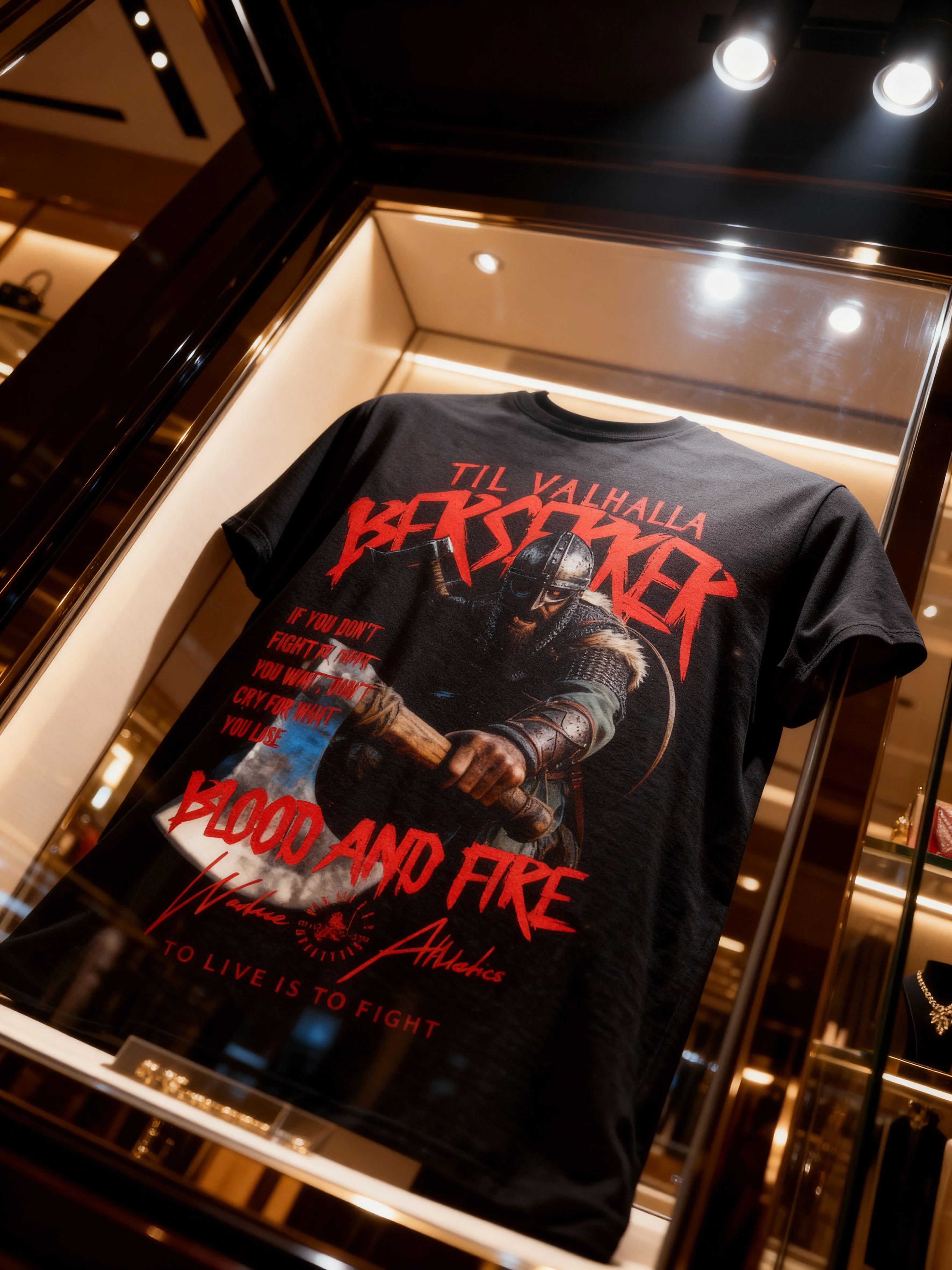 Workout shirts for men – Til Valhalla Viking heavyweight gym tee displayed in storefront case – Warface Athletics