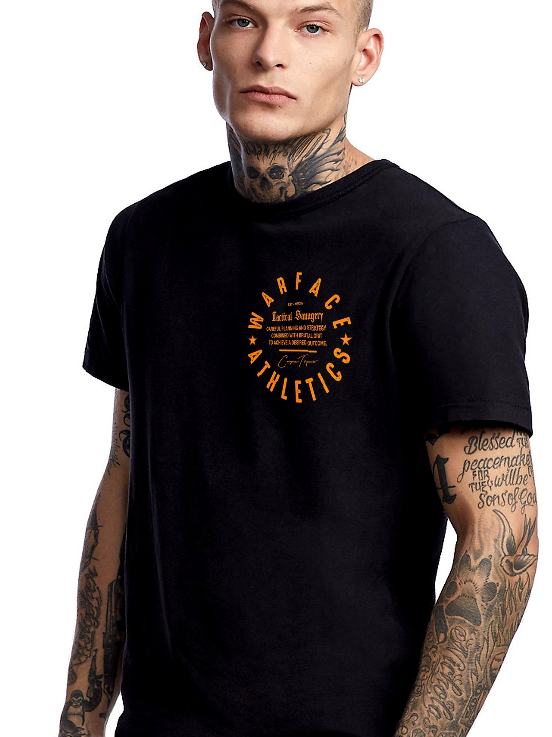 Man wearing a black gym t-shirt with 'Warface Athletics' yellow logo on a white background