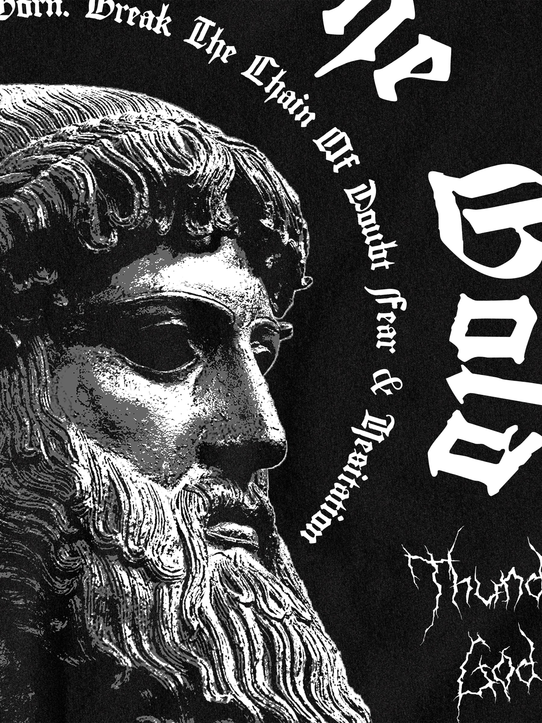 Victory Favors the Bold Tee Close-Up — Men's Greek Mythology T-Shirt with Zeus Bust and Bold Victory Quote Graphic by Warface Athletics