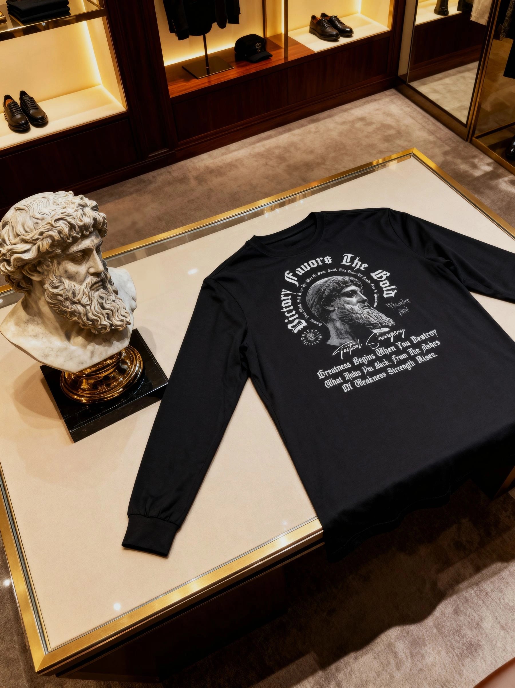 Victory Favors the Bold Long Sleeve Flat Lay — Men's Greek God Warrior Shirt with Zeus Bust Print by Warface Athletics