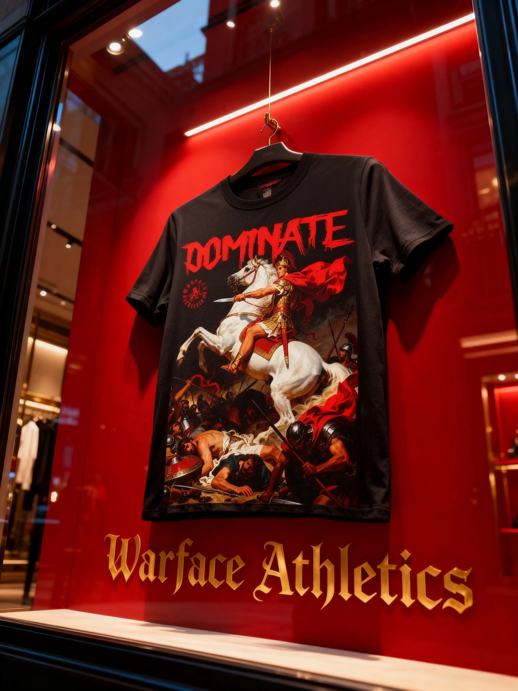 Dominate Alexander the Great graphic tee on red background – men's heavyweight gym shirt. Warface Athletics.