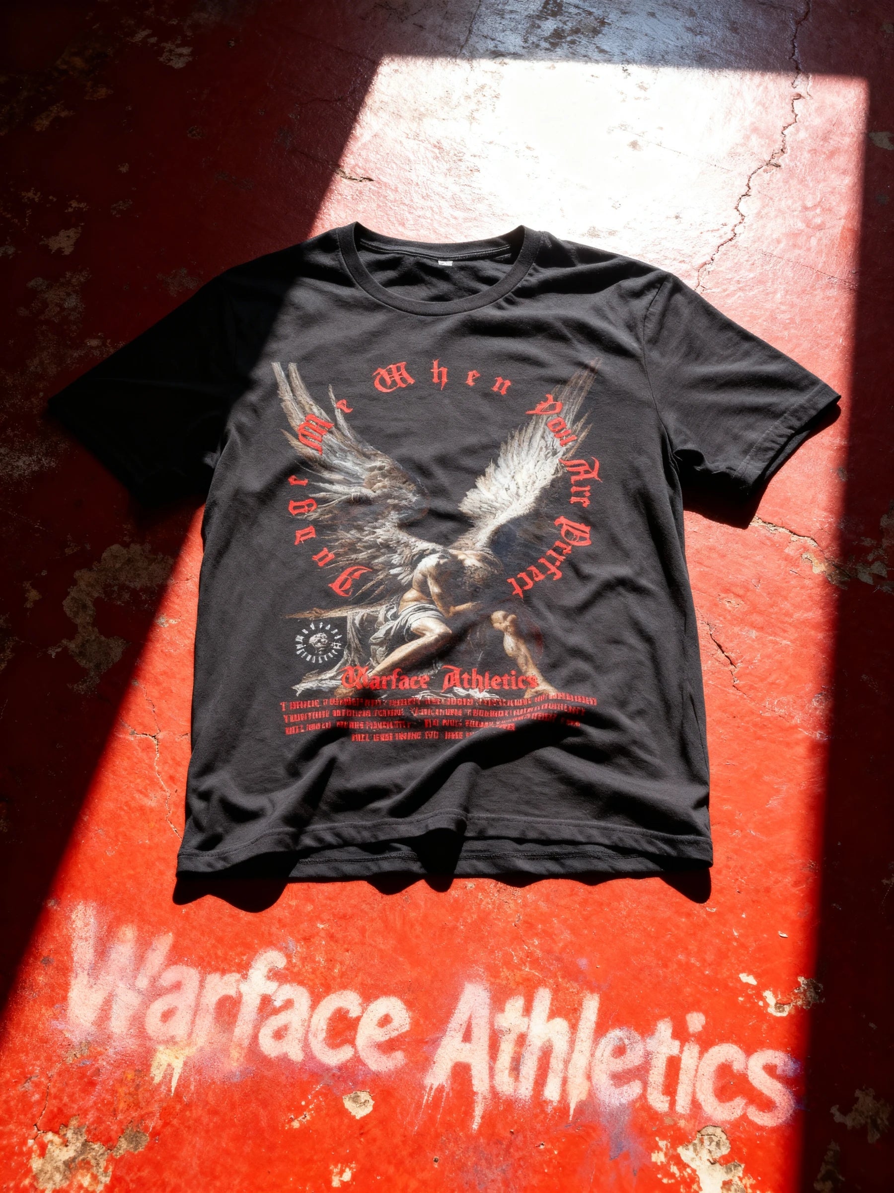 Fallen Angel Graphic Tee Front View — Men's Christian Clothing with Warrior Angel Print by Warface Athletics