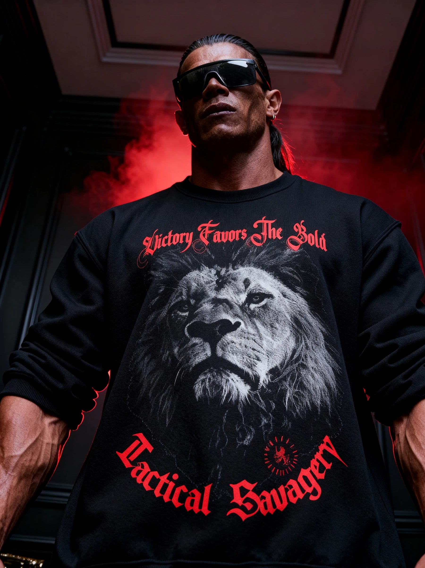 Lion graphic pump cover sweatshirt – bodybuilder in black men's crewneck, Victory Favors The Bold. Warface Athletics.