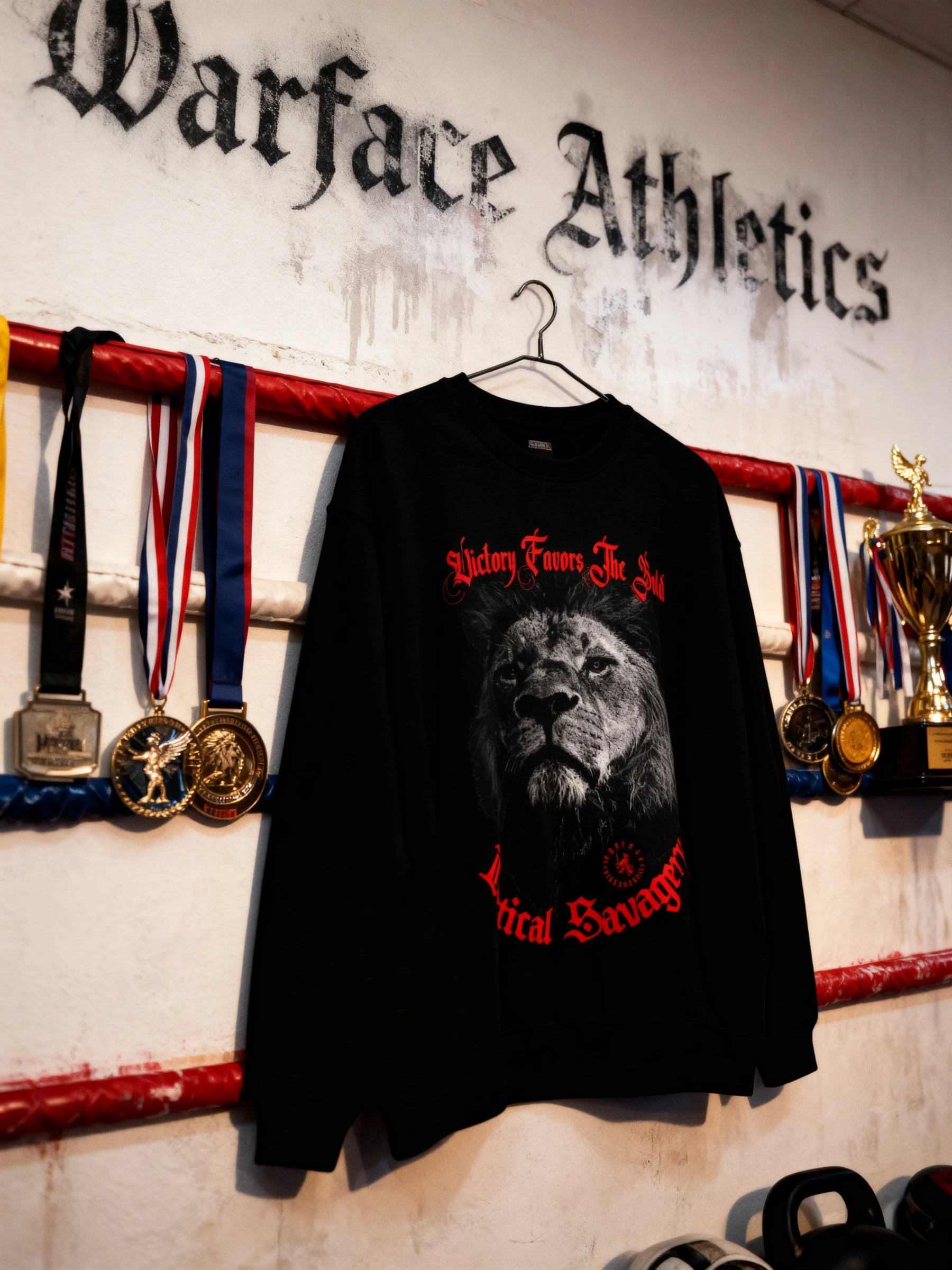 Athletic apparel men – black lion sweatshirt on trophy rack, stoicism quote pump cover crewneck – Warface Athletics
