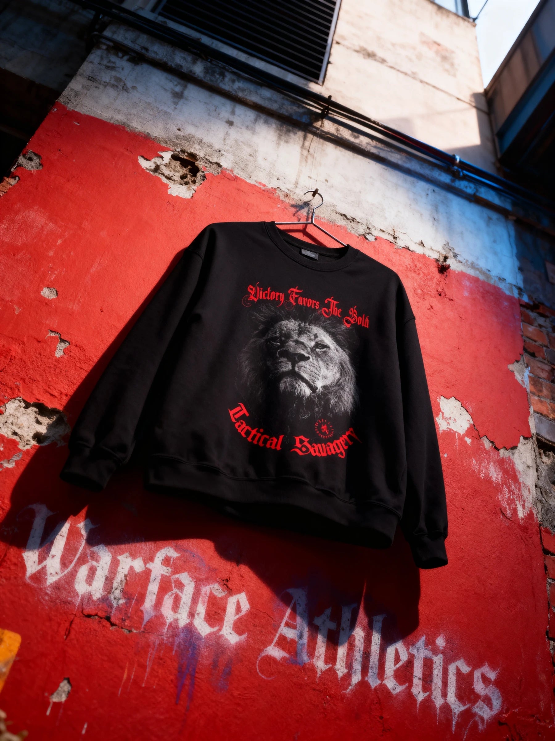 Graphics on sweater – black lion crewneck stoic quote on red wall, Victory Favors The Bold – Warface Athletics