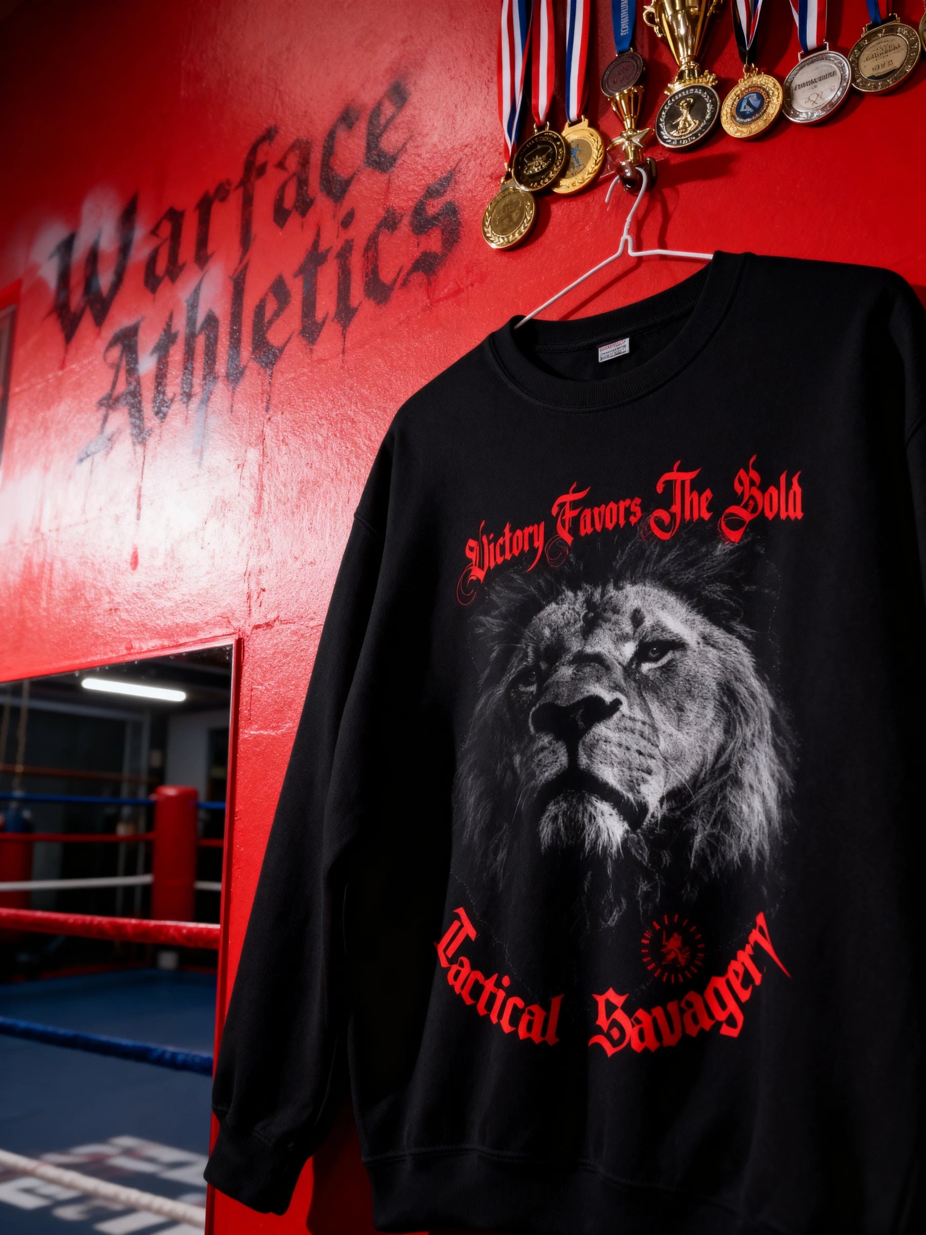 Workout shirts for men – black lion graphic crewneck hanging on red wall, Warface Athletics branding