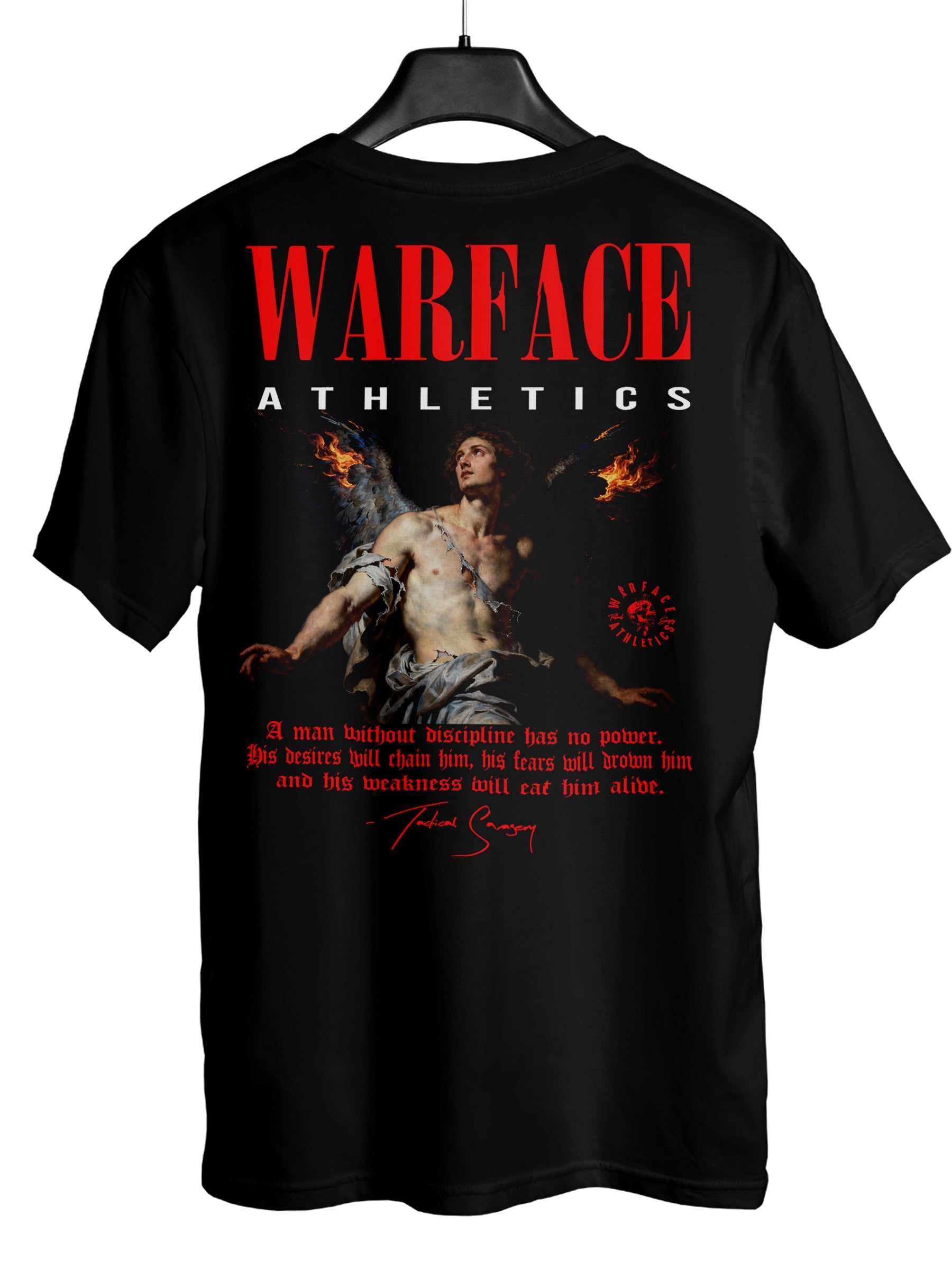 Fallen Angel Workout Tee Shirt Display — Men's Warrior Clothing with Motivational Quote by Warface Athletics