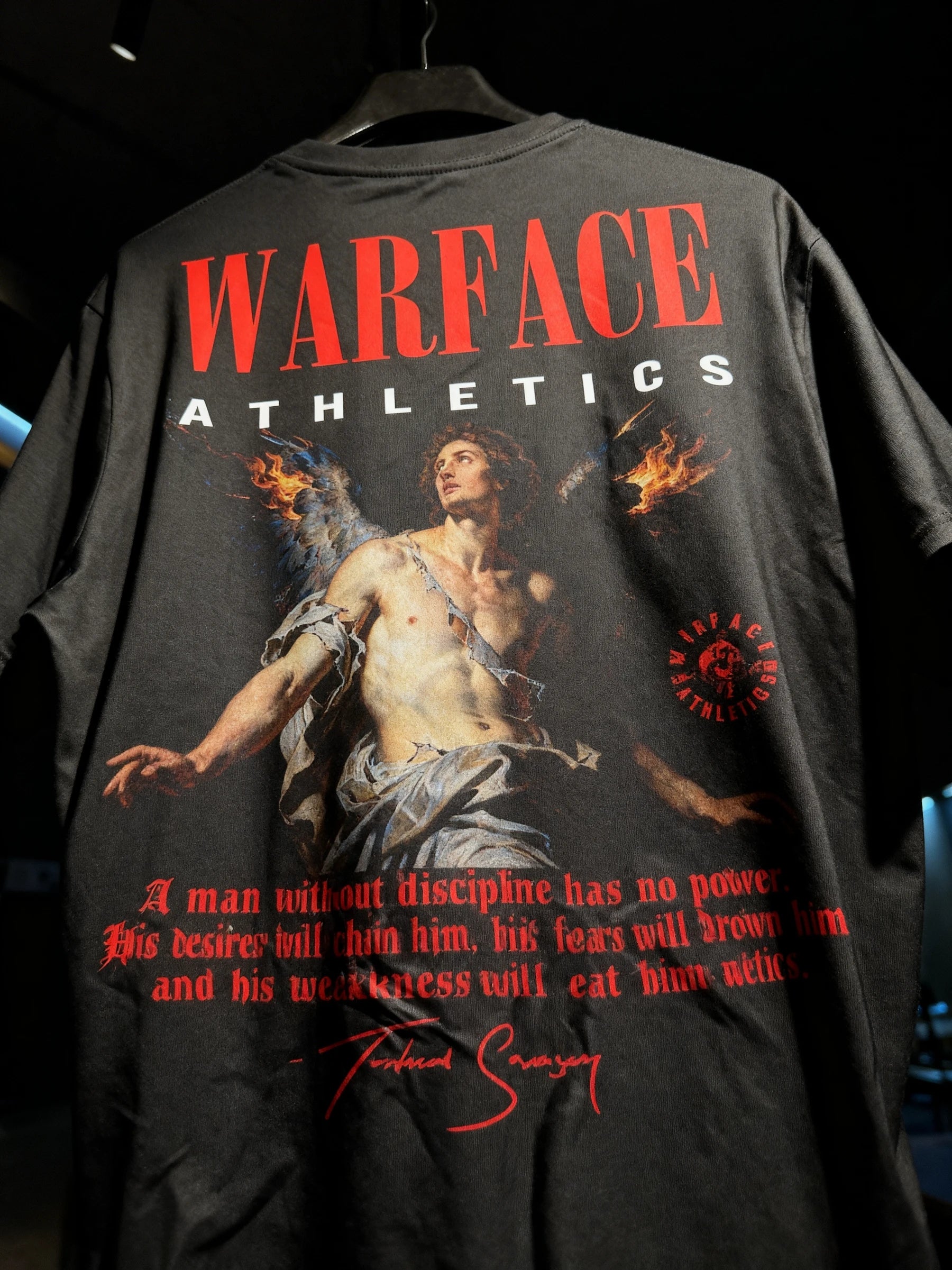Fallen Angel Tee Back Display — Men's Christian Clothing with Angel Warrior Graphic by Warface Athletics