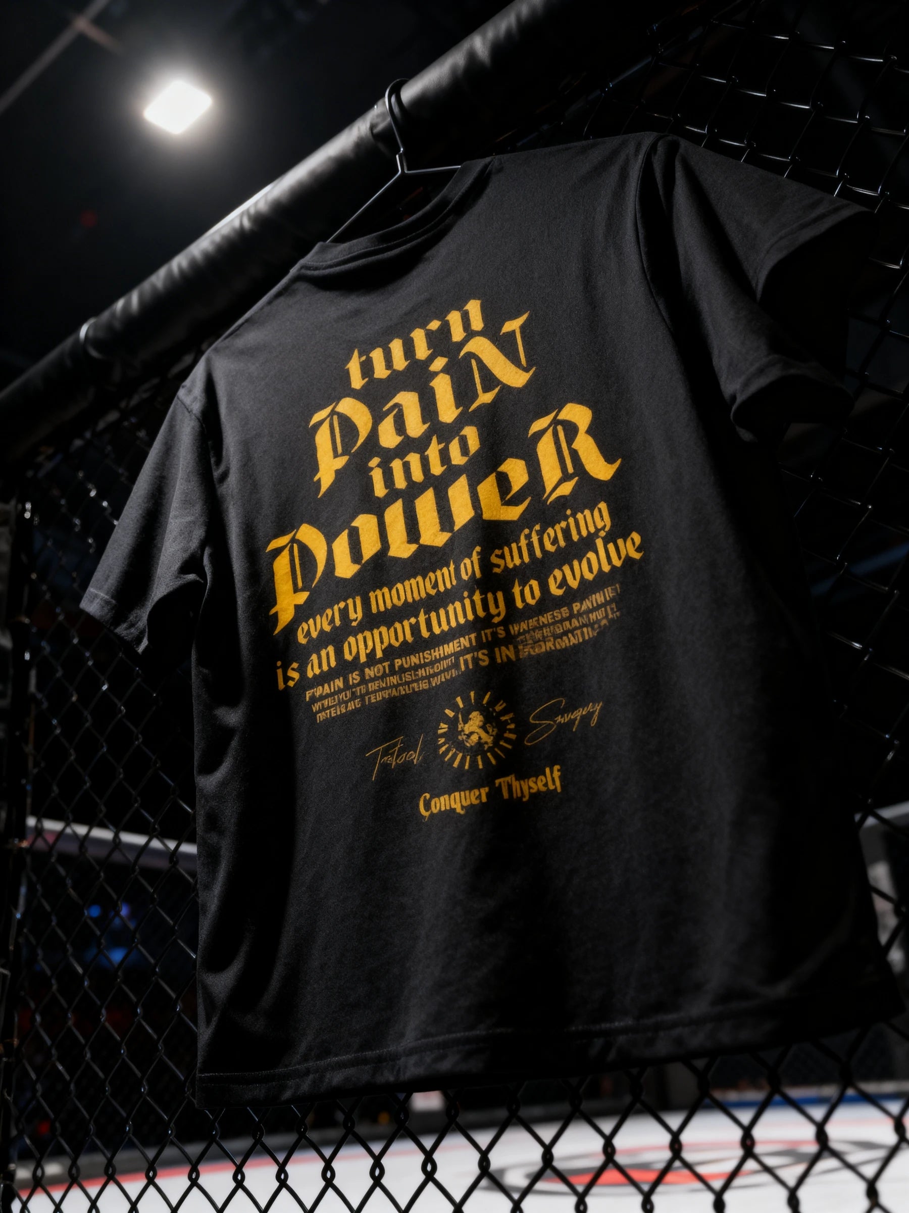 Turn Pain into Power Tee Lifestyle — Men's Stoic Quote Gym Shirt with Yellow Gothic Text in Gym Setting by Warface Athletics