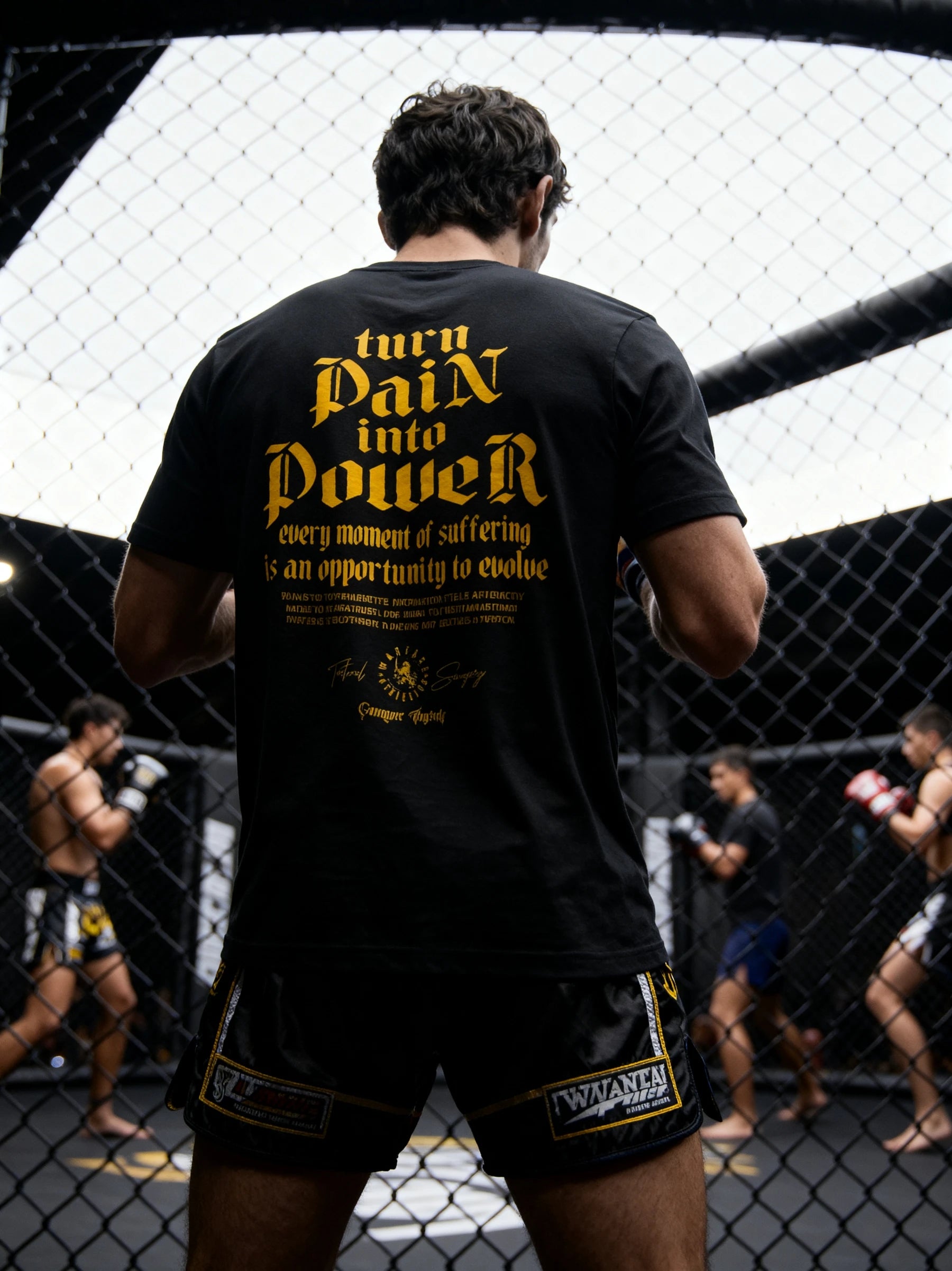 Turn Pain into Power Tee Back View — Men's Stoic Quote T-Shirt with Yellow Gothic Back Print by Warface Athletics