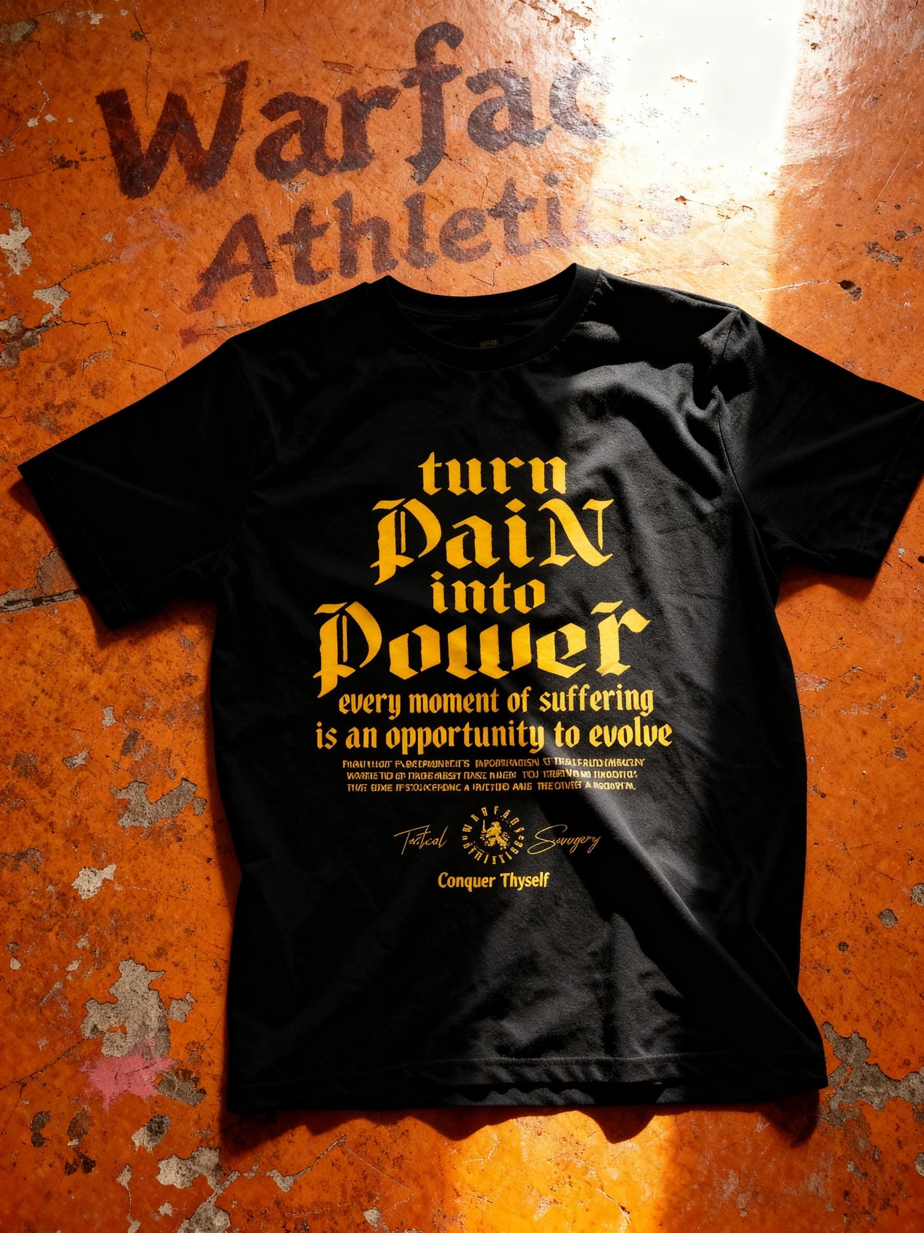 Turn Pain into Power Tee Display — Men's Stoic Gym Shirt with Yellow Gothic Quote on Orange Background by Warface Athletics
