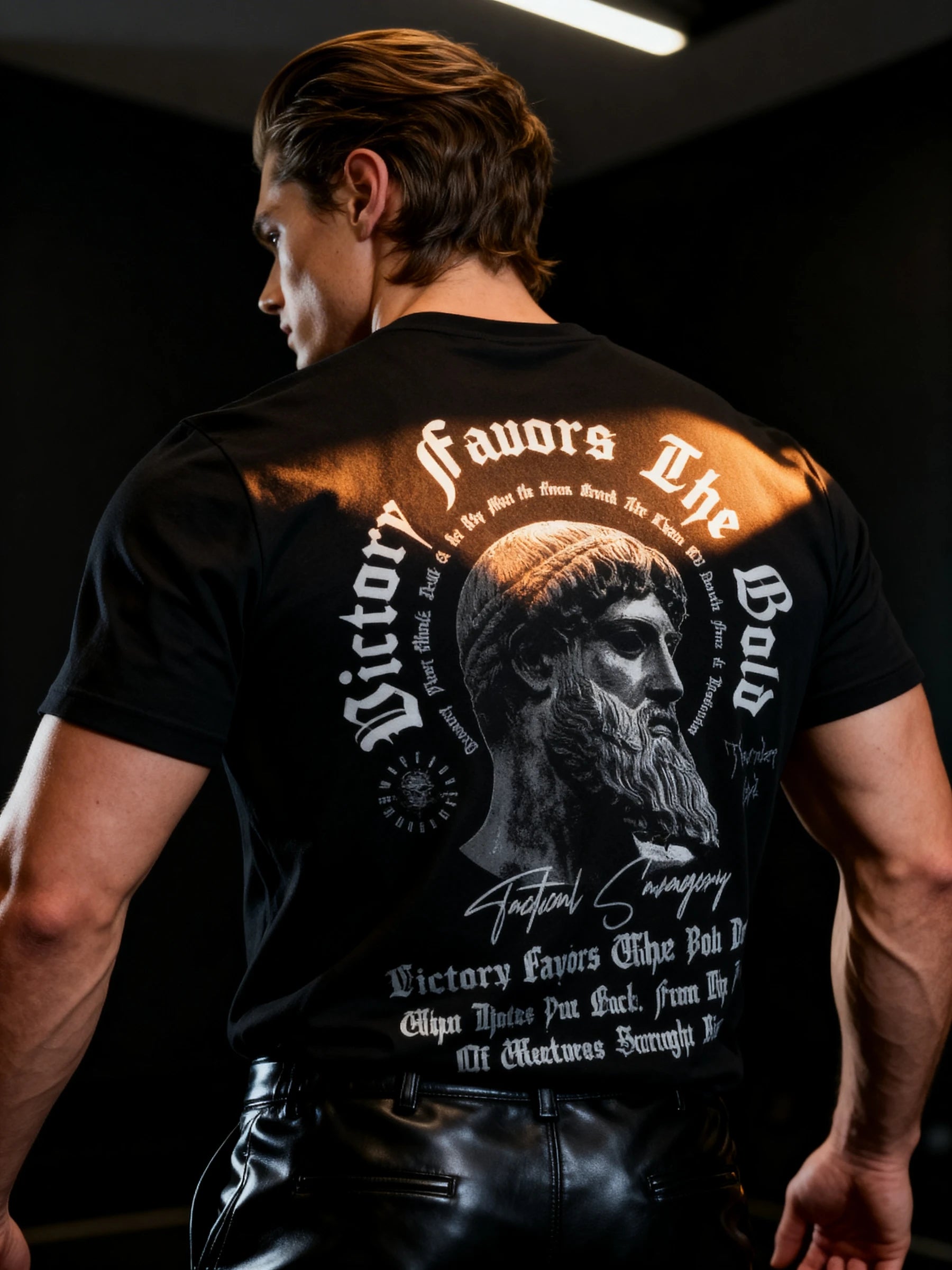 Victory Favors the Bold Tee Back Lifestyle — Men's Greek God Warrior Gym Shirt with Zeus Bust and Stoic Quote Back Print by Warface Athletics