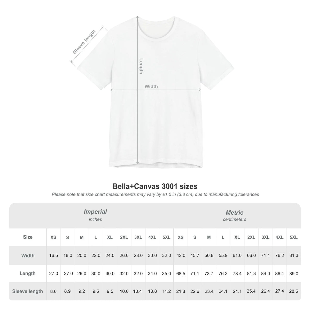 White t-shirt with measurement chart for Bella+Canvas 3001 sizes on a white background