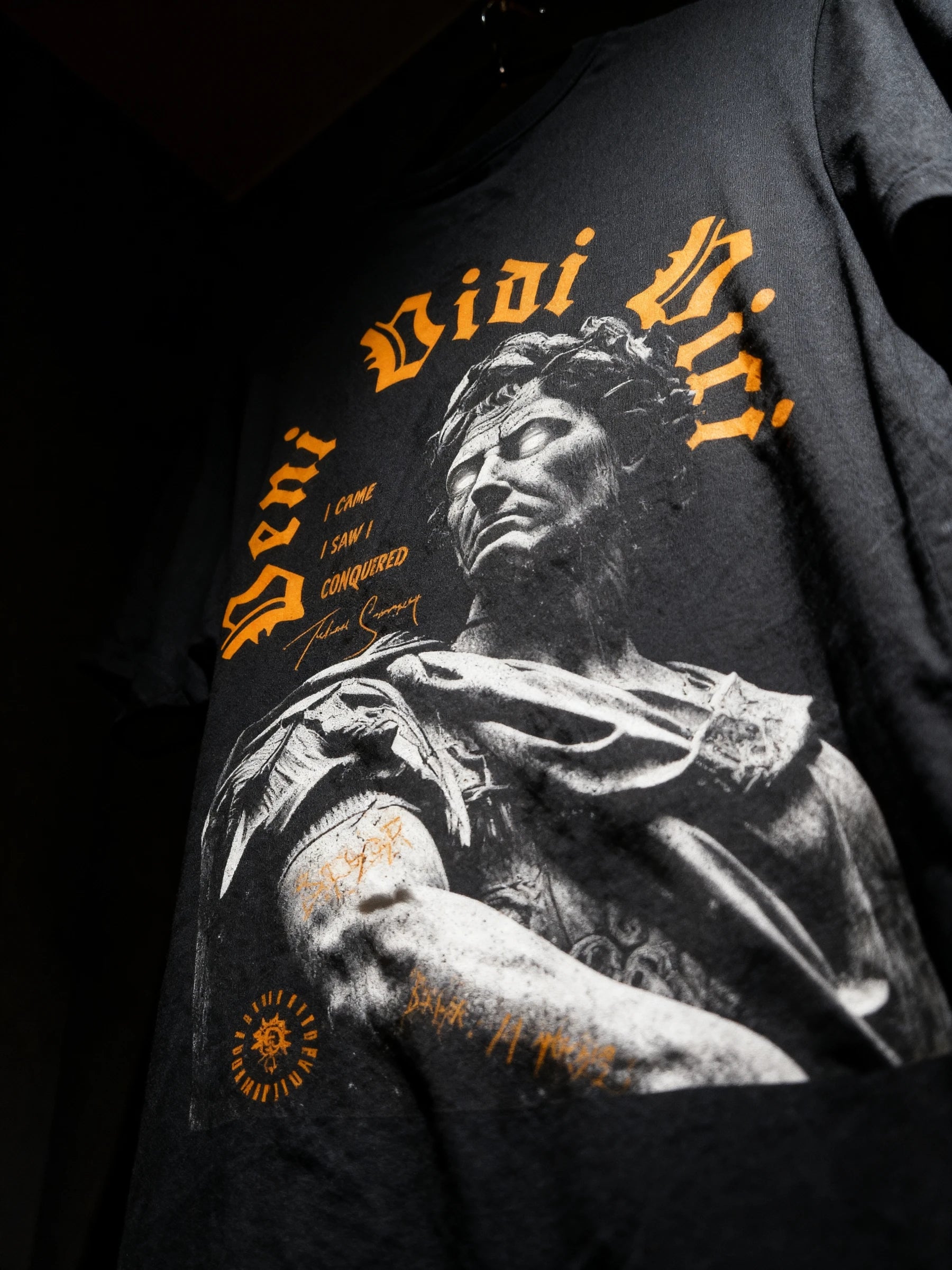Veni Vidi Vici Tee Lifestyle Shot — Men's Latin Quote T-Shirt with Roman History Graphic by Warface Athletics