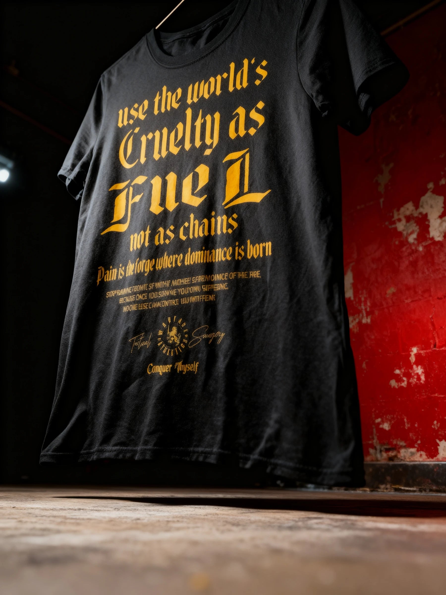 Cruelty as Fuel Tee Display — Men's Black Stoic Quote T-Shirt with Gothic Warrior Print by Warface Athletics