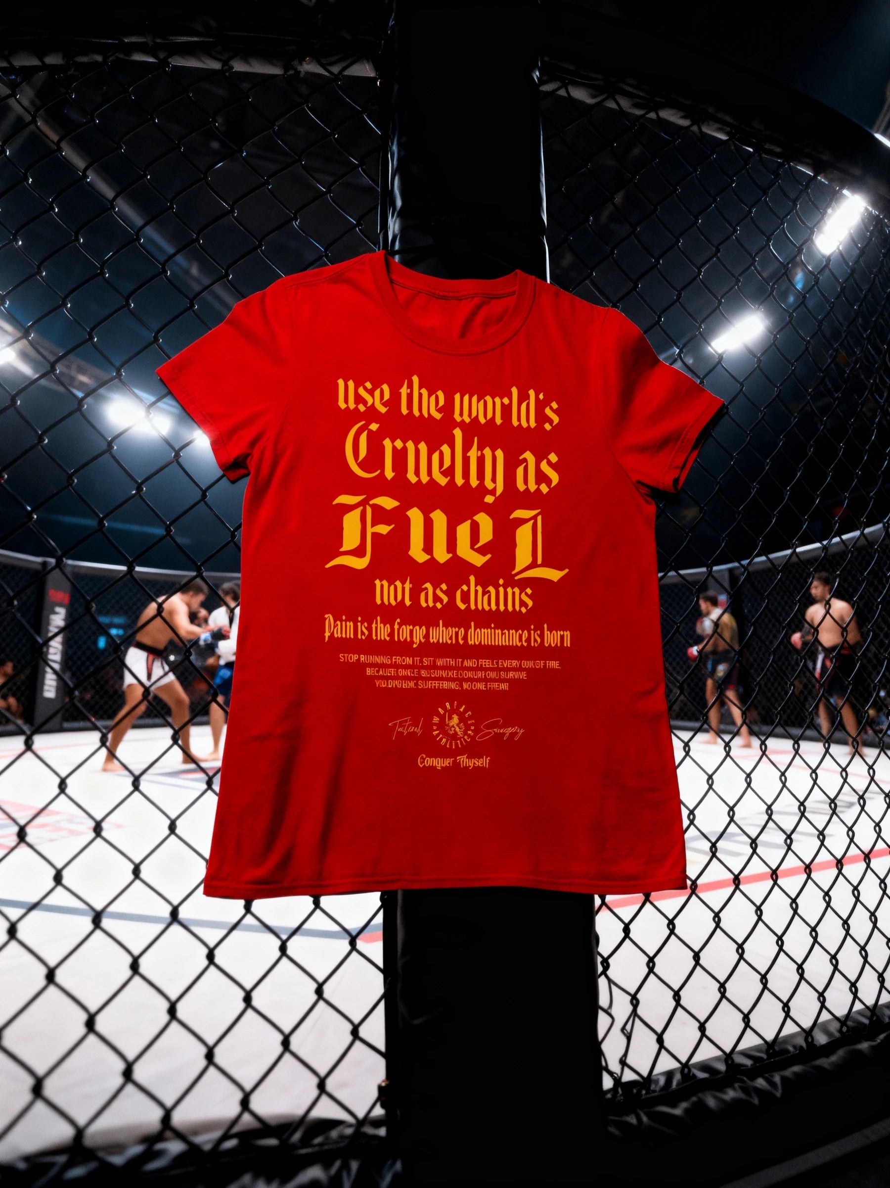 Cruelty as Fuel Tee Lifestyle — Men's Red Stoic Quote Gym Shirt in Fight Arena by Warface Athletics