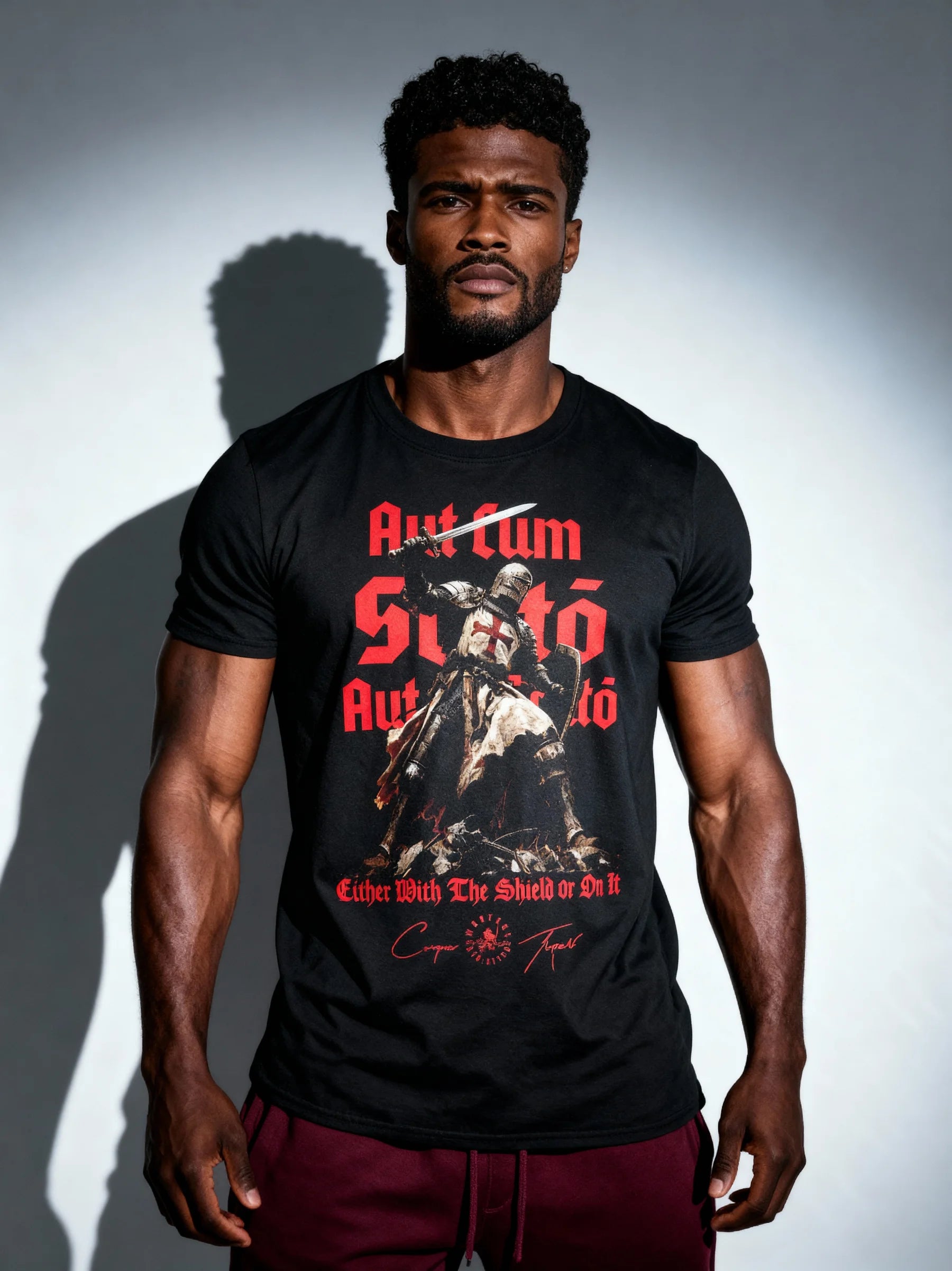 Men's crusader knight graphic gym shirt – athlete in Aut Cum Scuto heavyweight tee, workout shirts for men.