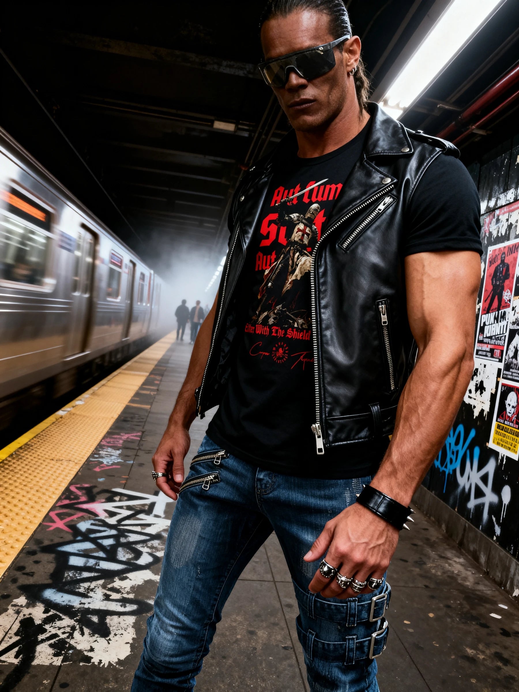 Men's Templar knight gym shirt – model in crusader graphic tee on subway platform, streetwear gym outfit for guys.
