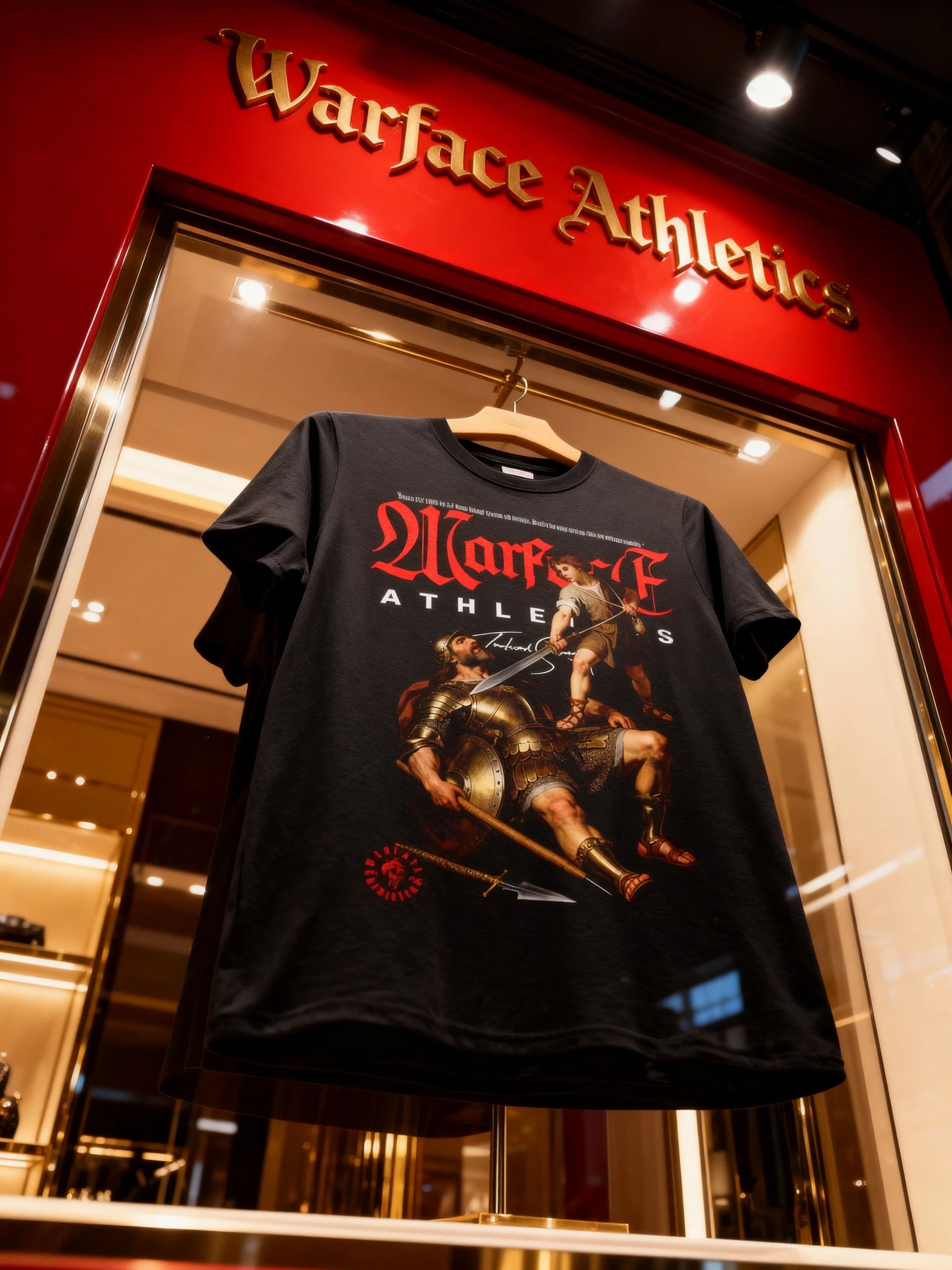 David and Goliath Tribute Shirt Display — Men's Athleisure Clothing with Warrior Graphic by Warface Athletics