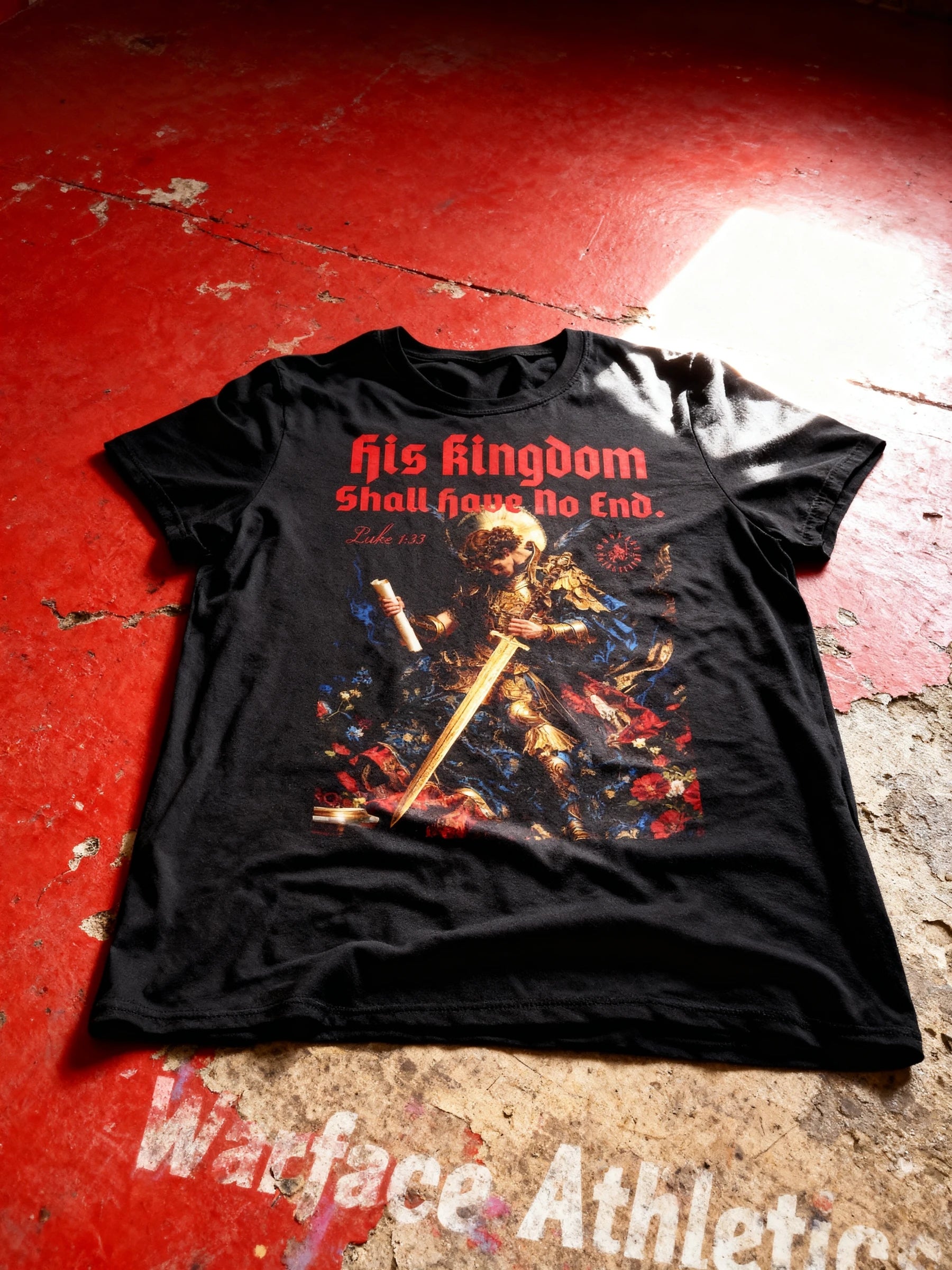 Saint Michael Archangel Workout Tee Shirt Flat Lay — Men's Graphic Tees for Guys with Motivational Quote by Warface Athletics