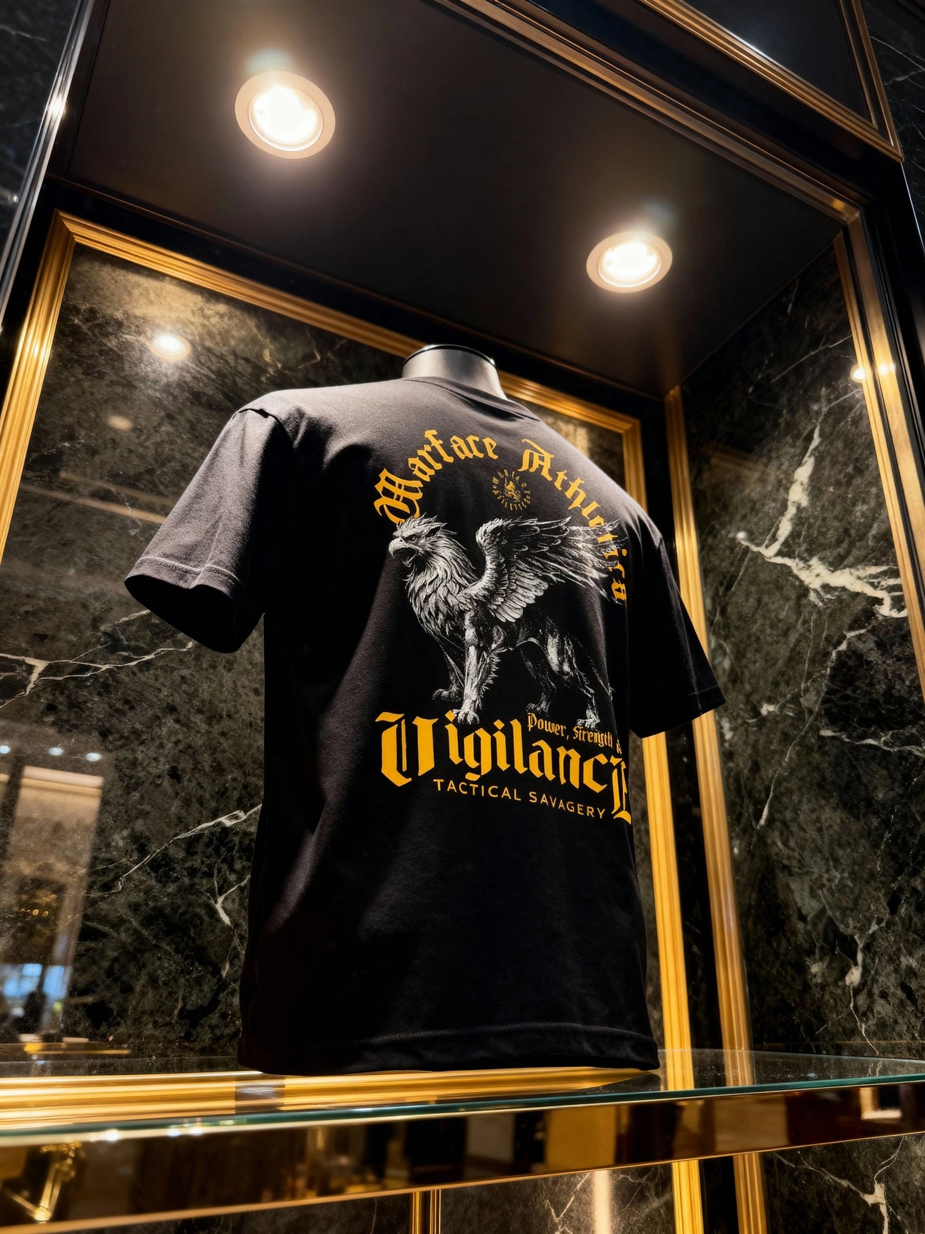 Vigilance Tee Display — Men's Griffin Warrior Shirt with yellow Stoic Quote in display case by Warface Athletics
