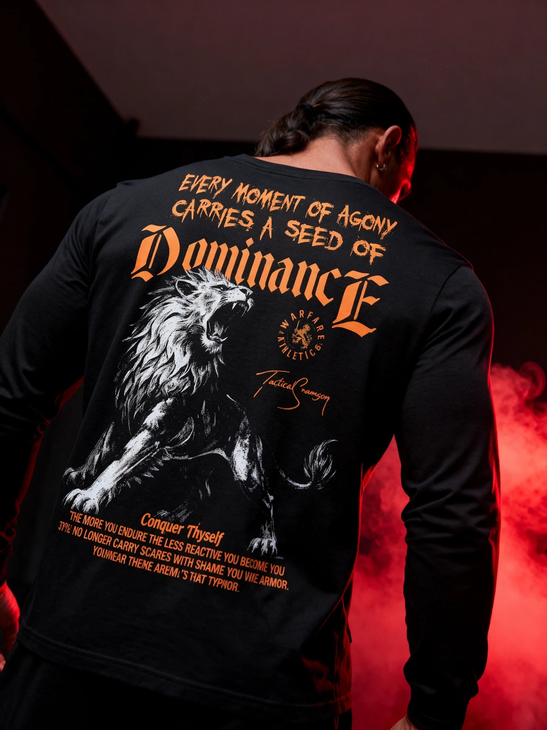 Lion Dominance Long Sleeve Back View — Men's Warrior Mindset Shirt with Lion Graphic and Stoic Quote by Warface Athletics